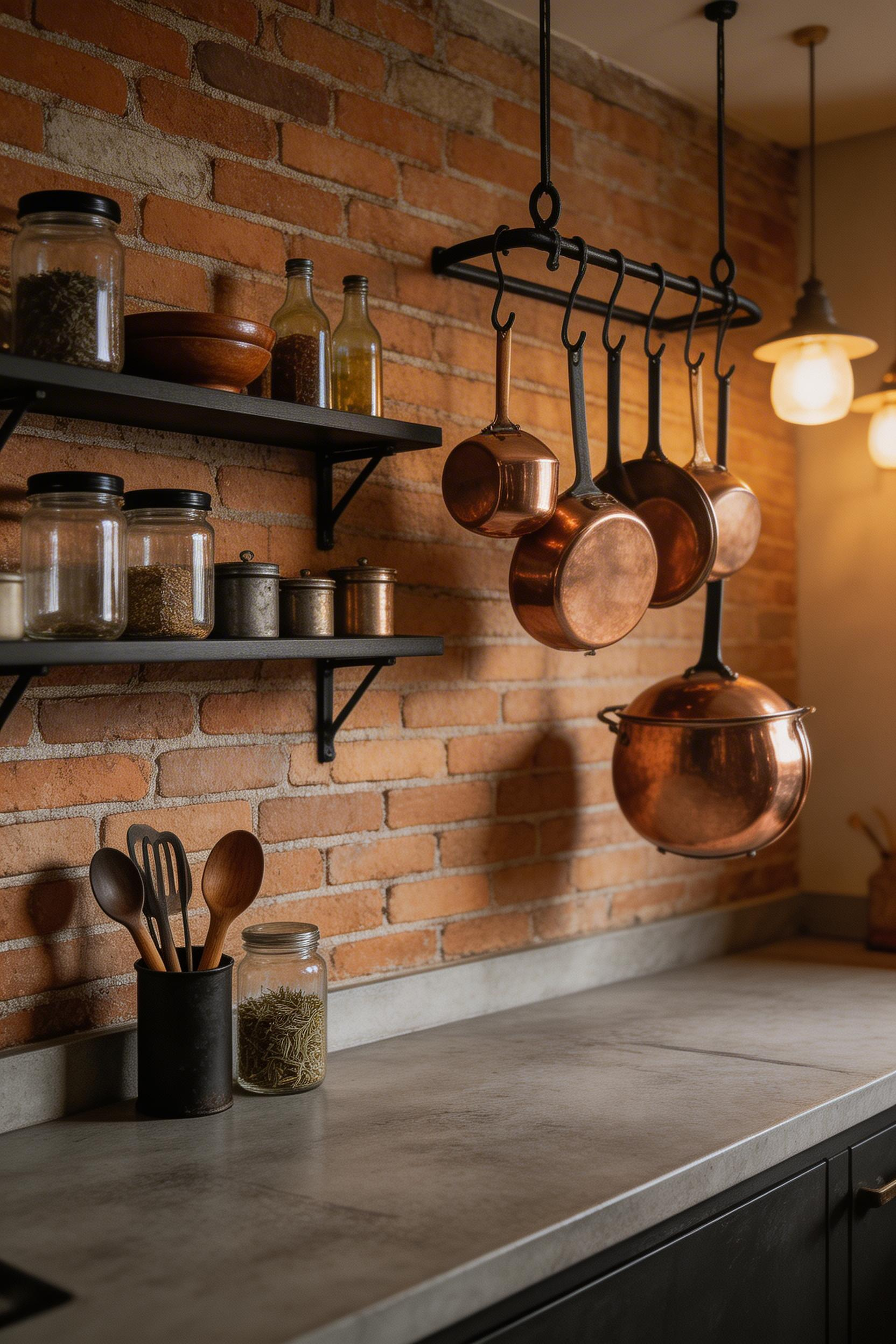 Concrete countertops with reclaimed brick backsplash — honest, durable materials that age with genuine character.