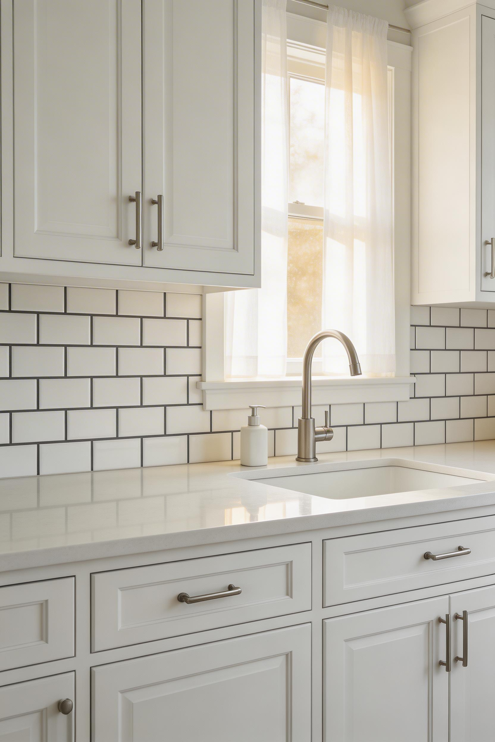 White quartz countertops paired with classic subway tile backsplash — the timeless kitchen foundation that works across every cabinet colour and style.