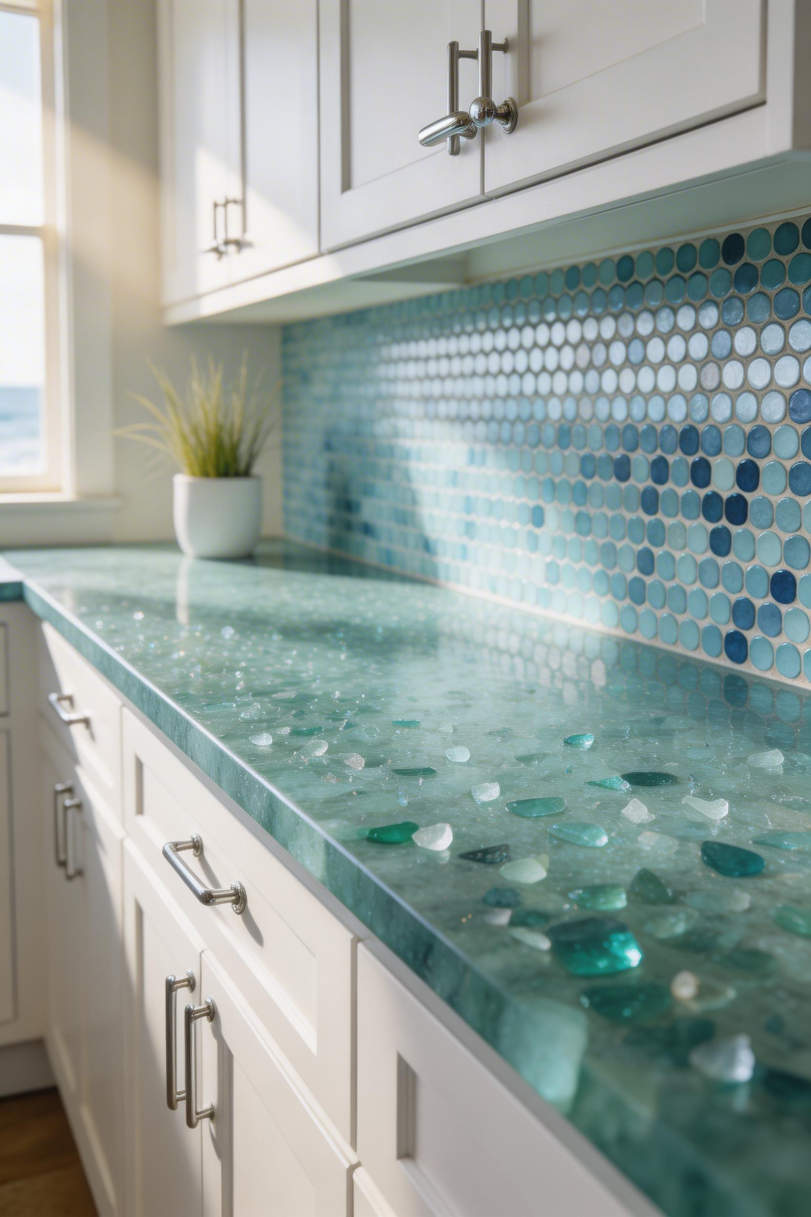 Recycled glass countertops with penny round mosaic backsplash — a genuinely sustainable combination that earns its environmental claim without sacrificing visual appeal.