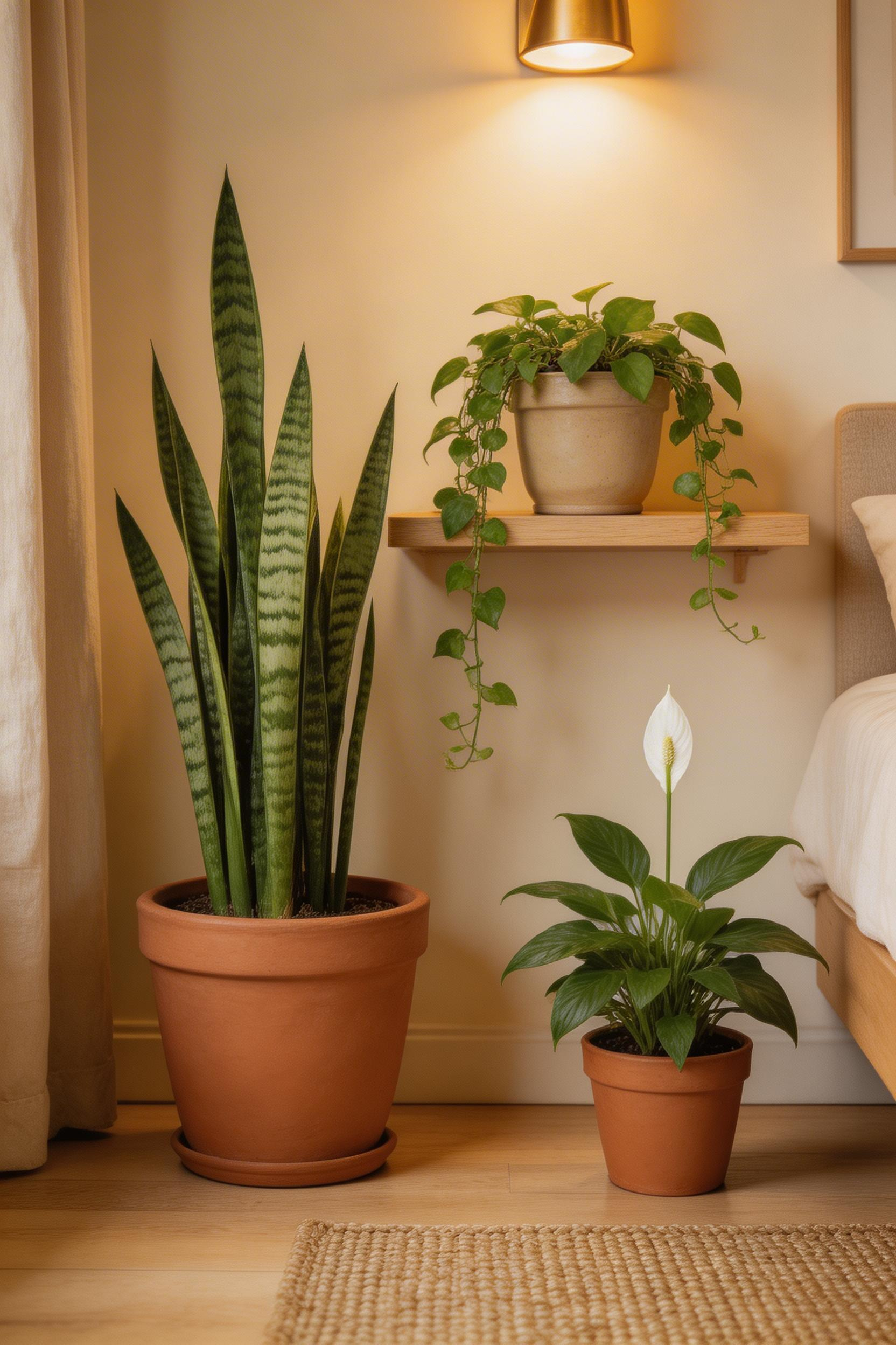 A considered plant cluster at varying heights transforms a bedroom corner into a biophilic feature — snake plants, pothos, and peace lily each doing different visual and practical work in the space.