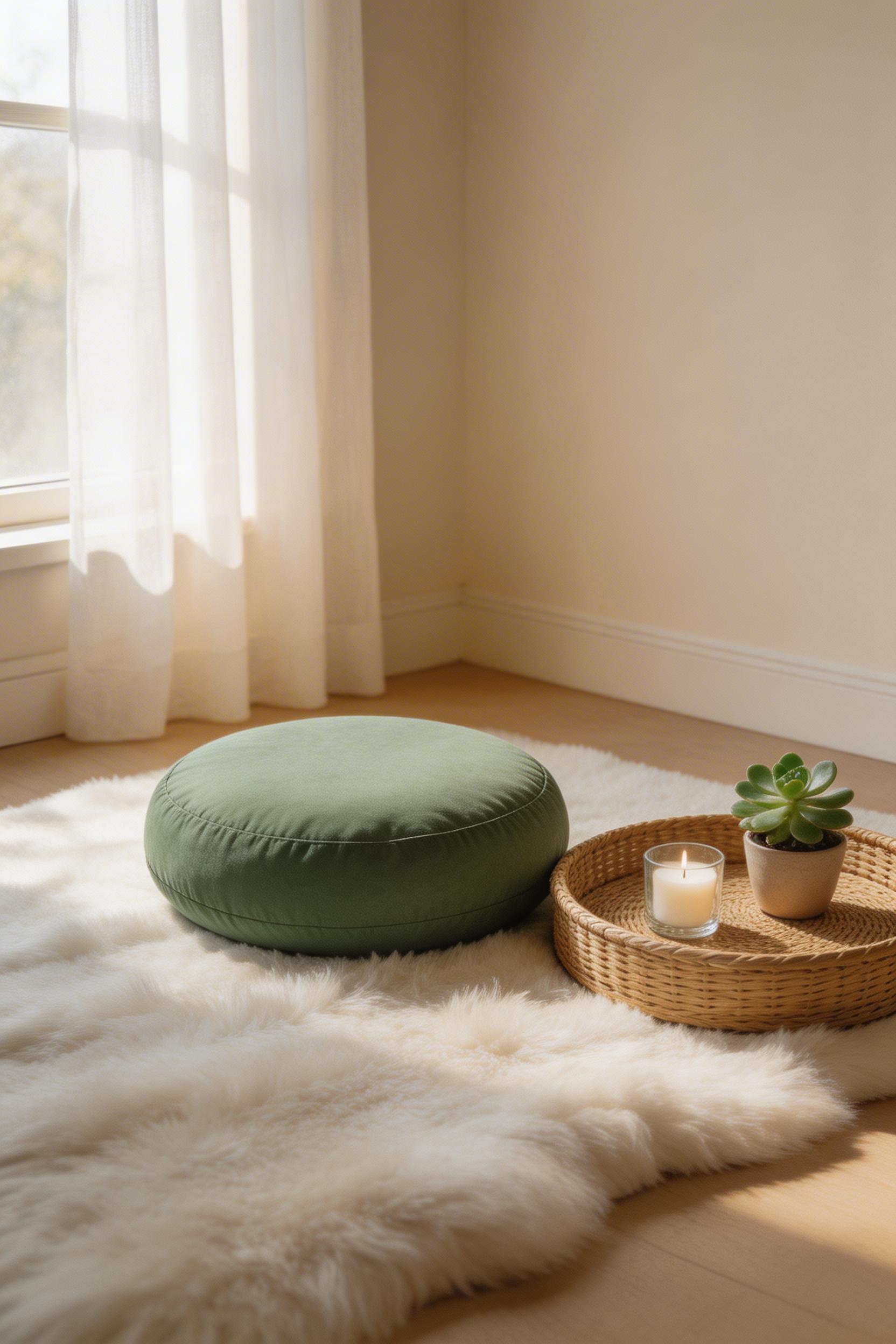 A jade green meditation corner needs only 80×100cm of floor space and a few considered objects — dedicating a specific spot for mindfulness practice changes how the whole bedroom functions, not just that corner.