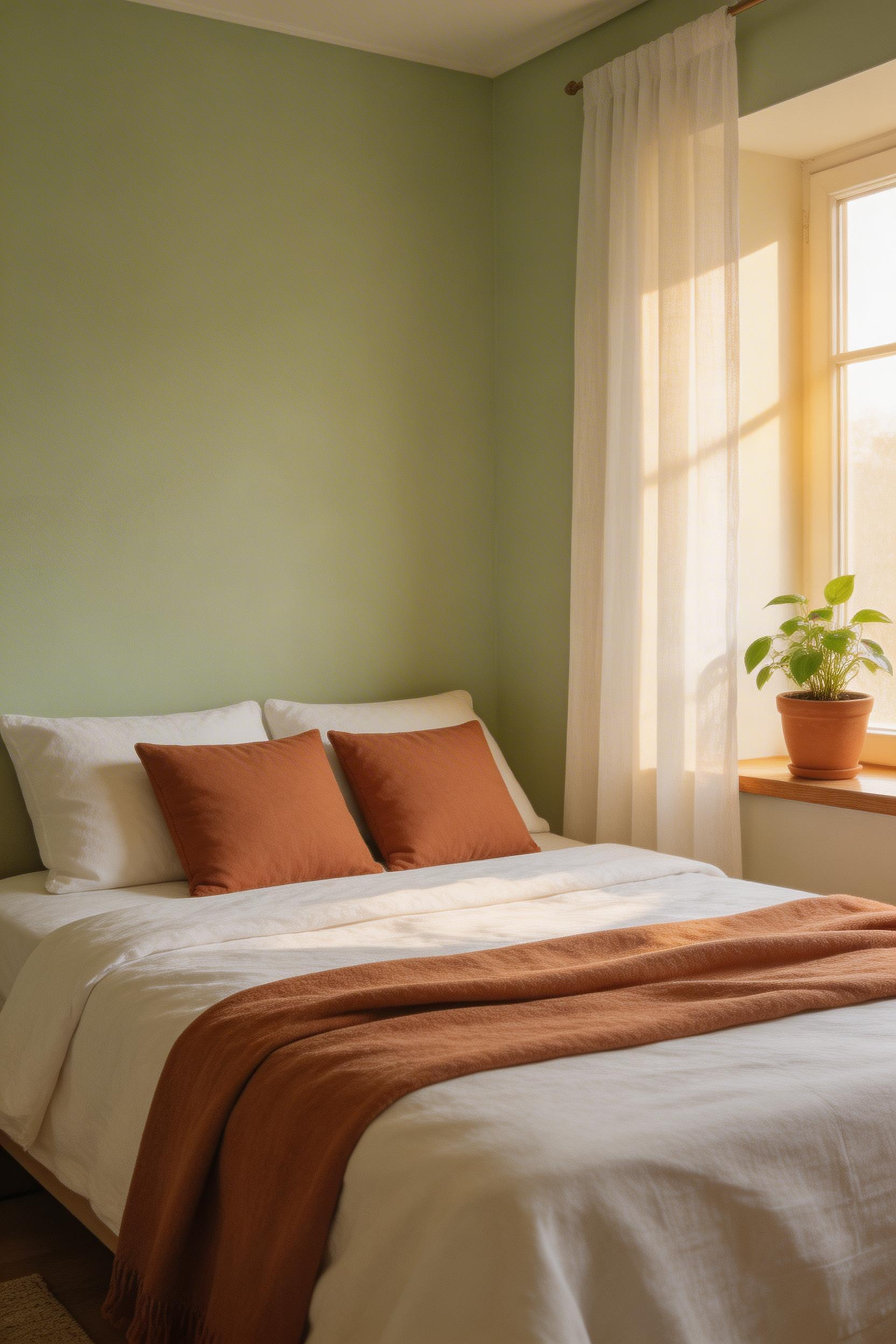 Sage green and terracotta share warm, earthy undertones despite sitting in different areas of the colour wheel — together they create a bedroom palette that feels grounded rather than simply colour-coordinated.