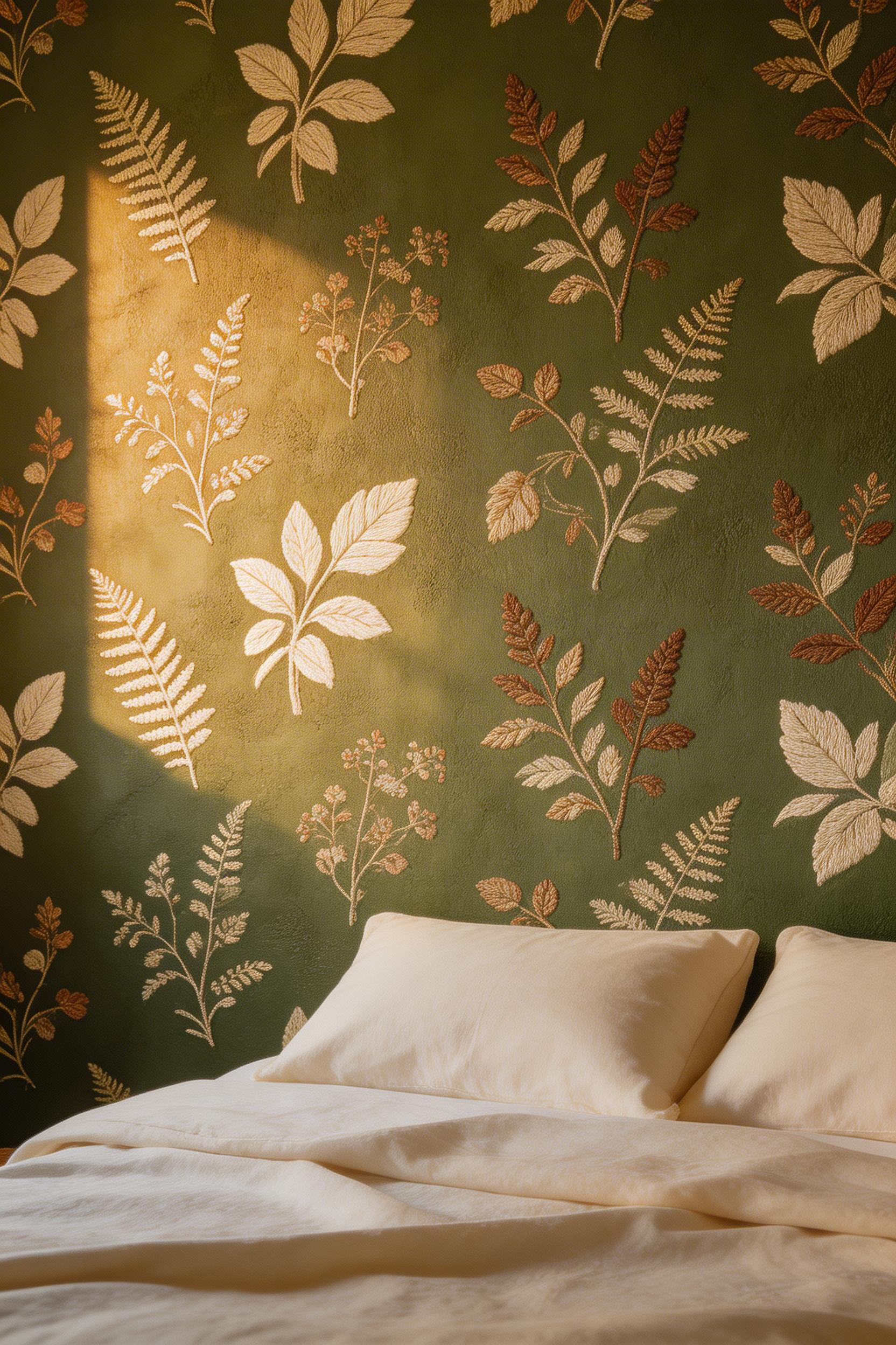 Textured moss green botanical wallpaper changes how the bedroom wall reads across the day — the raised pattern catches morning and evening light differently, giving the space a living quality flat paint can't achieve.