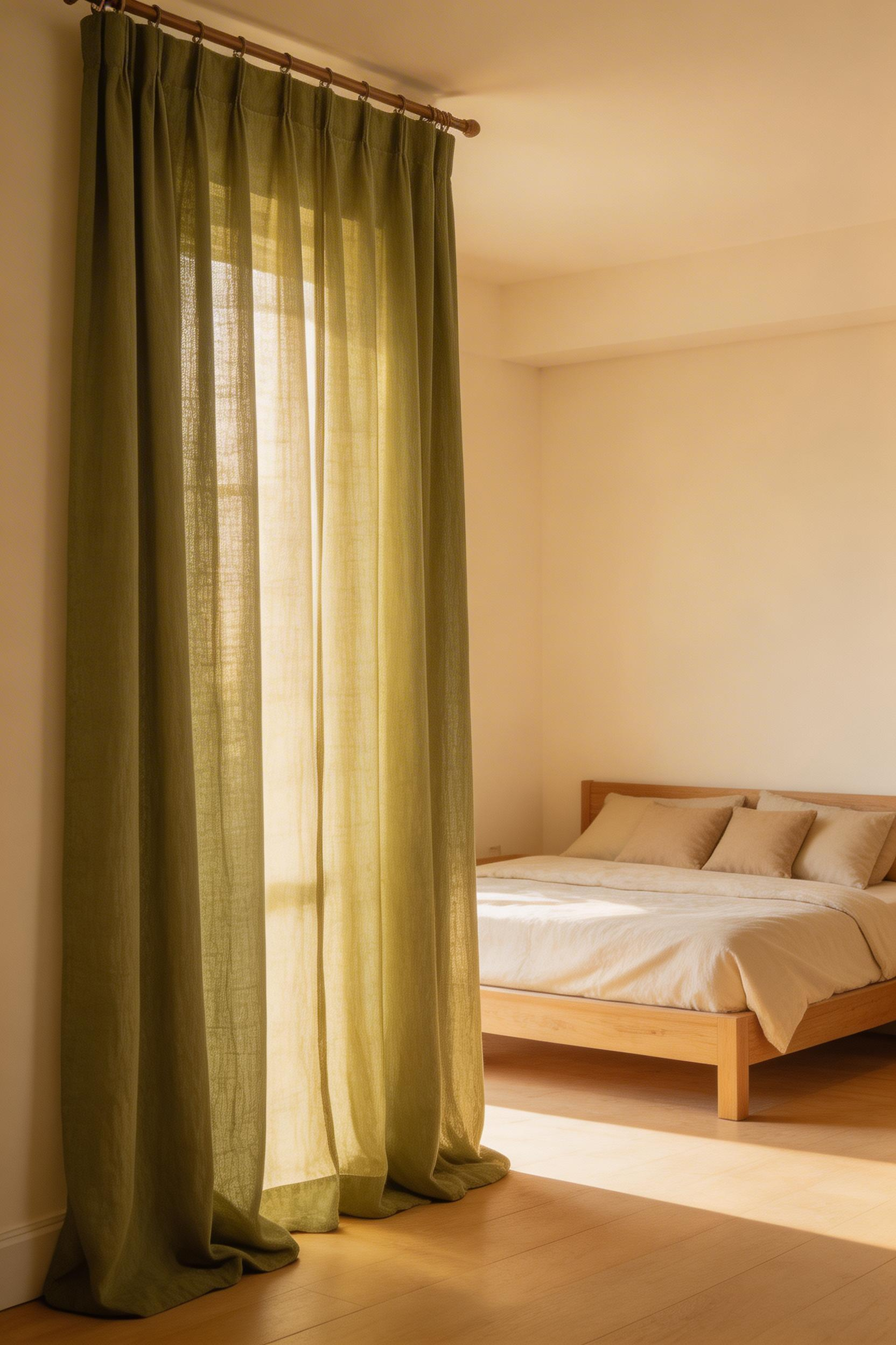 Olive green linen curtains hung from ceiling height diffuse sunlight into a soft, warm glow that deepens the earthy character of any green bedroom palette without adding visual weight.