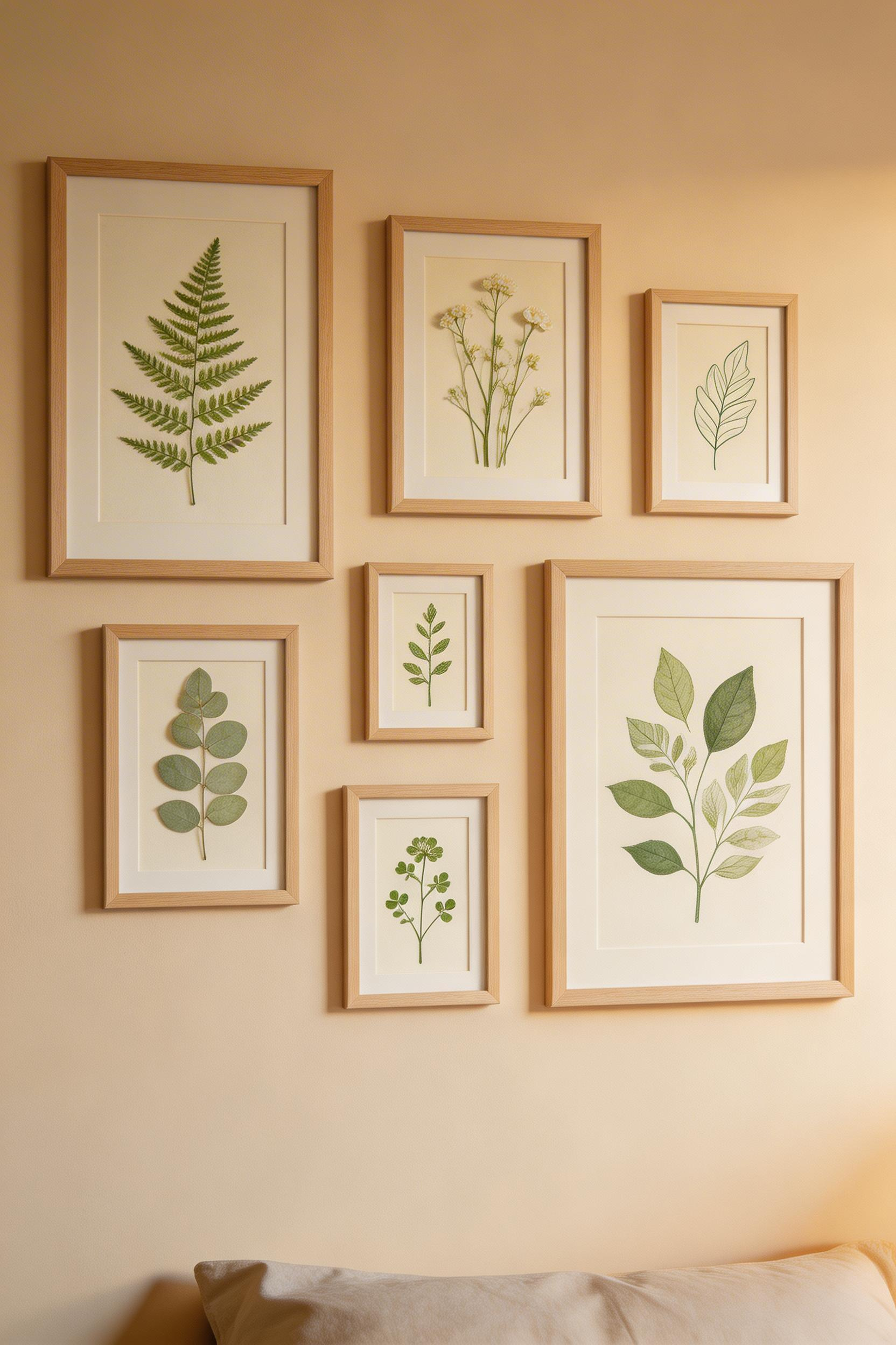 A botanical gallery wall brings layered, natural character that paint alone can't achieve — botanical imagery and earthy frames reinforce the green bedroom's nature-connection without adding colour competition.