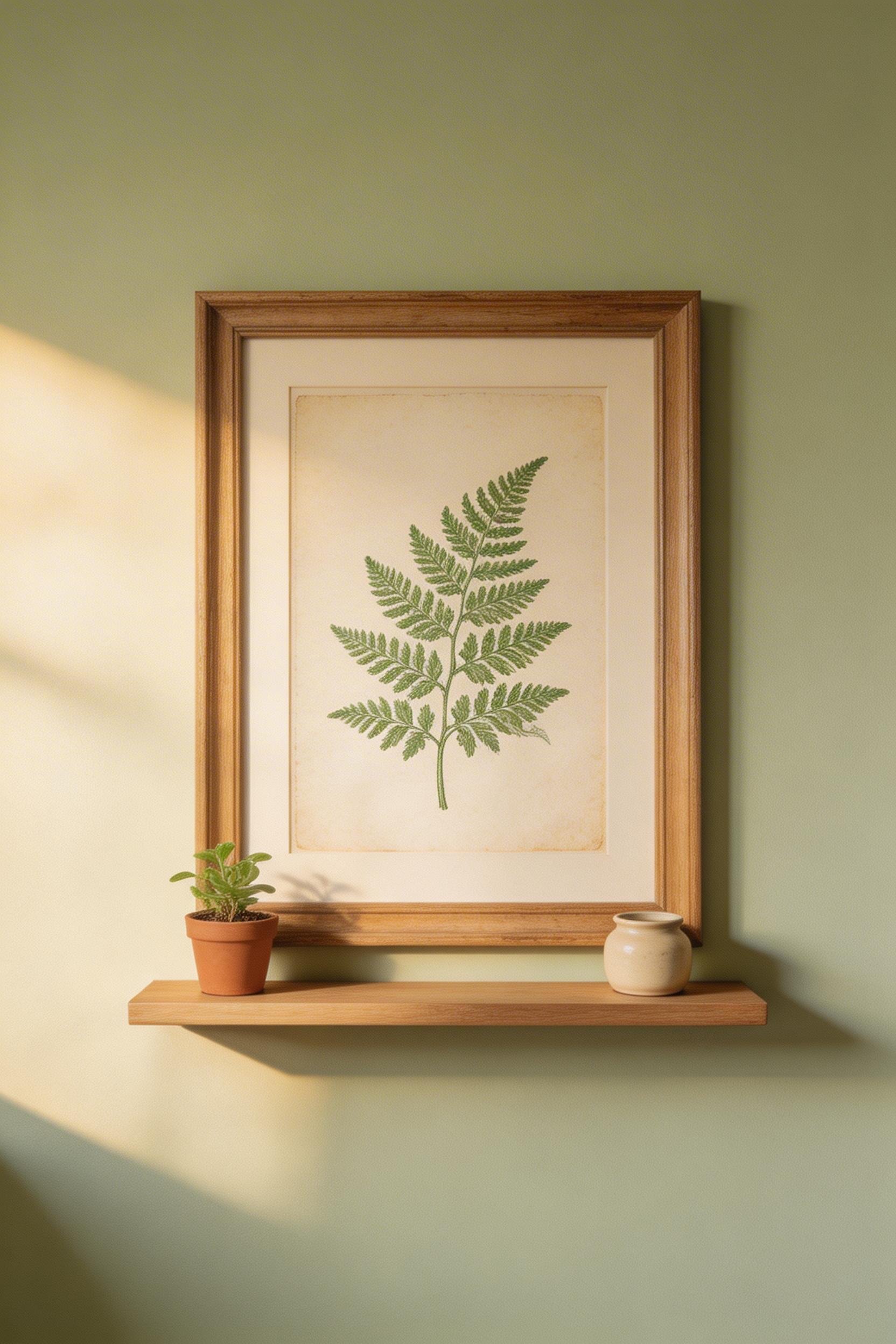 A well-chosen vintage botanical print — whether original or a high-resolution reproduction — brings narrative depth and a timeless quality to a green bedroom wall that contemporary prints rarely match.