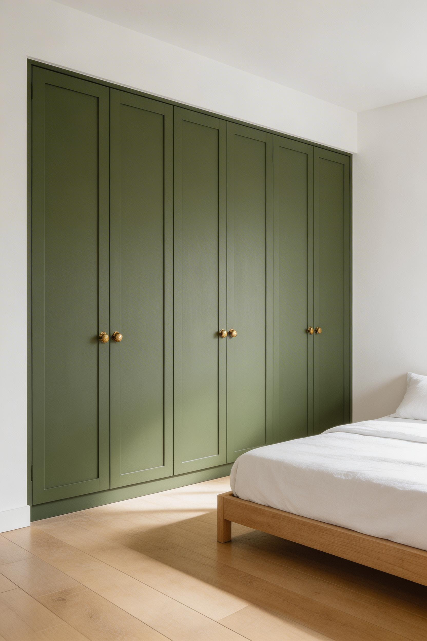 An olive green wardrobe — whether painted flat-pack or purpose-built — transforms storage into a design anchor, especially when paired with aged brass hardware that draws out the warm undertones in the paint.