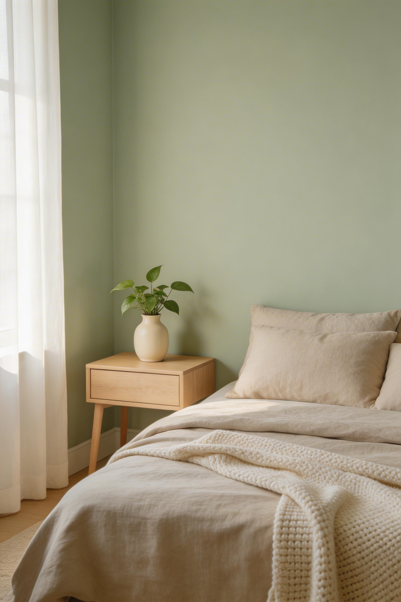 Sage green paired with layered warm neutrals — cream linen, oat-coloured throws, and natural wood — creates a bedroom scheme that feels genuinely restful rather than merely styled.