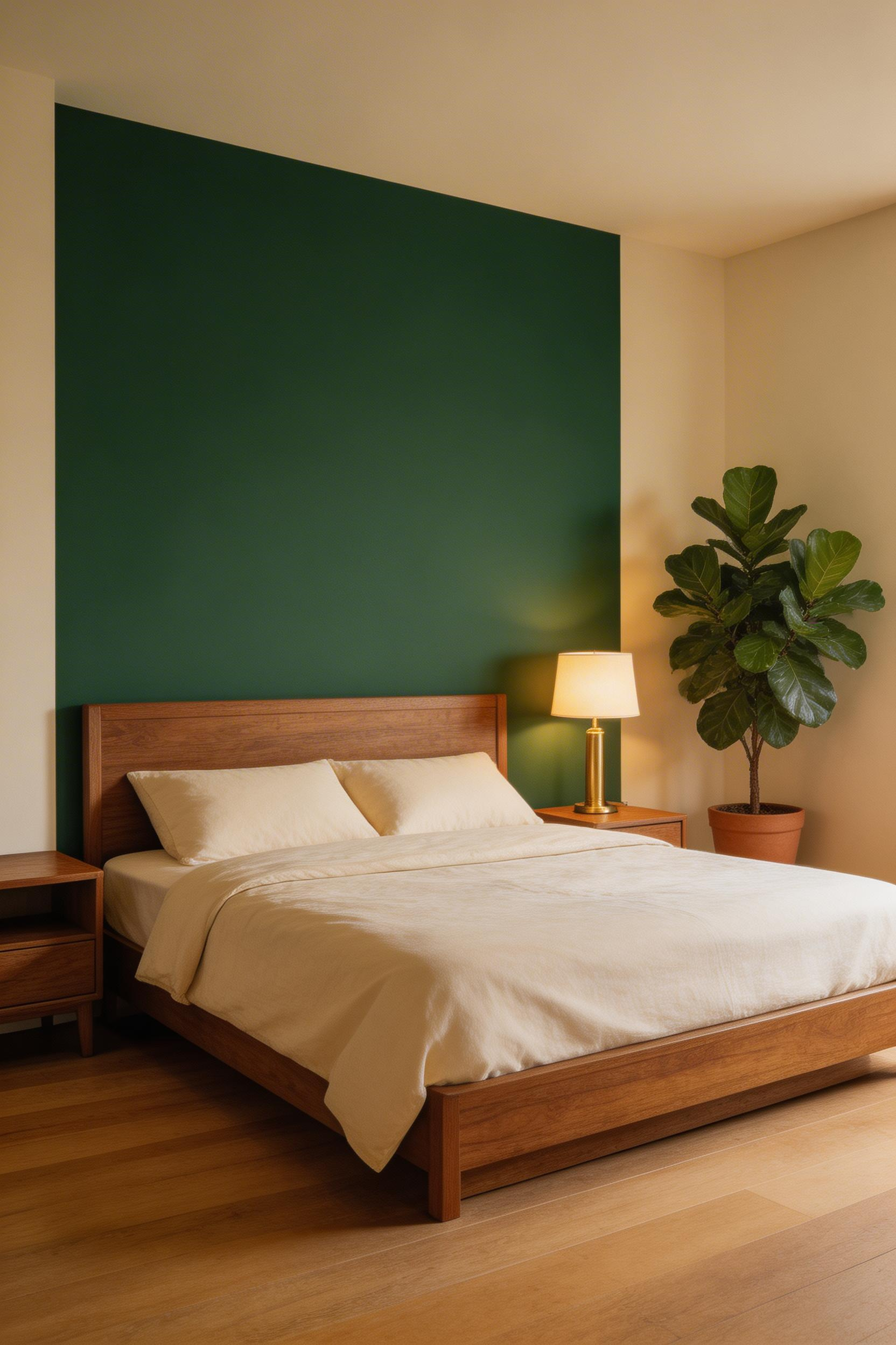 An emerald accent wall behind the bed creates immediate drama — and it's the pairing with walnut furniture and warm cream bedding that prevents the bold shade from reading as cold or corporate.