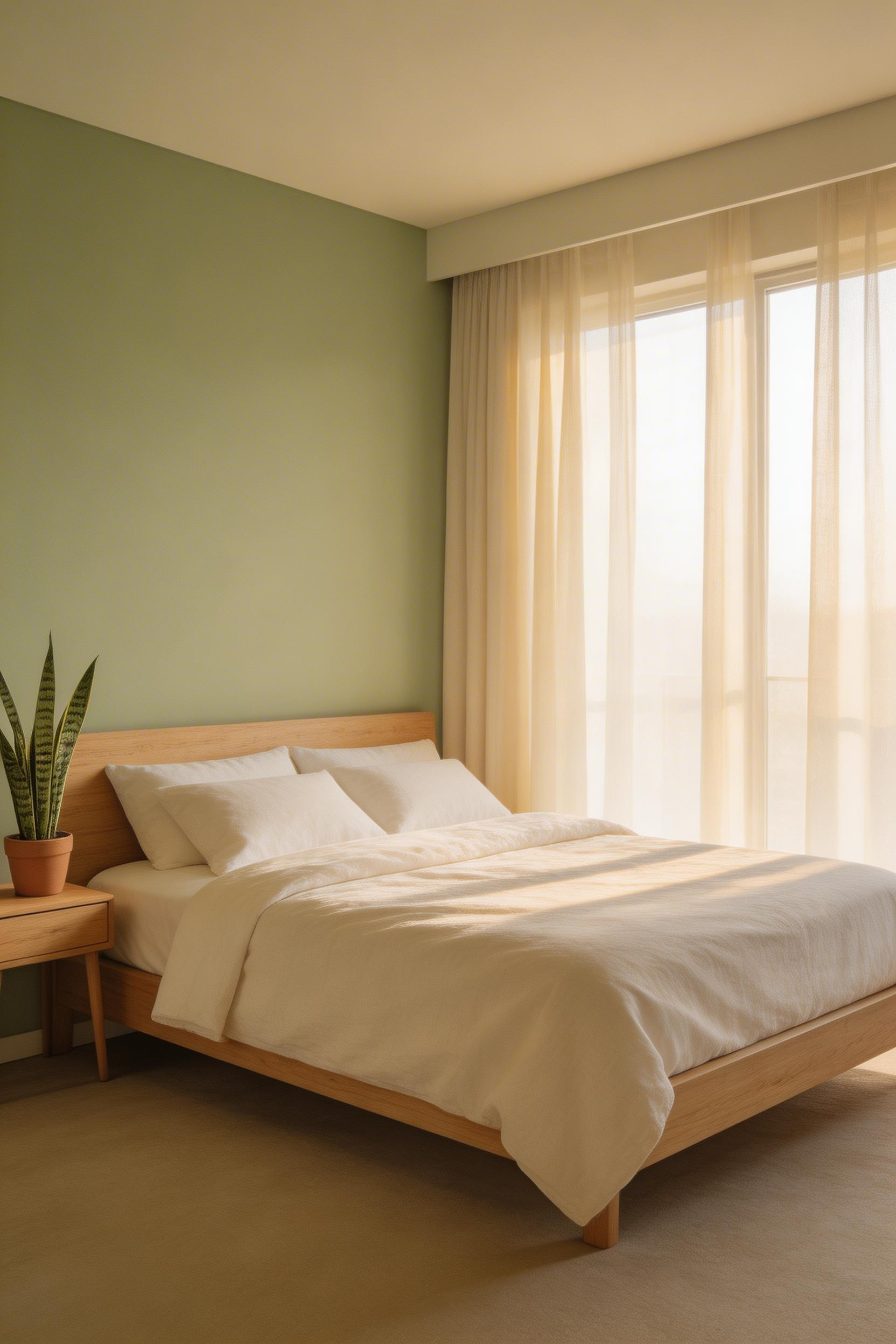 Sage green walls in a matte finish bring a spa-like stillness to the bedroom, especially when paired with warm white linen and natural wood tones.