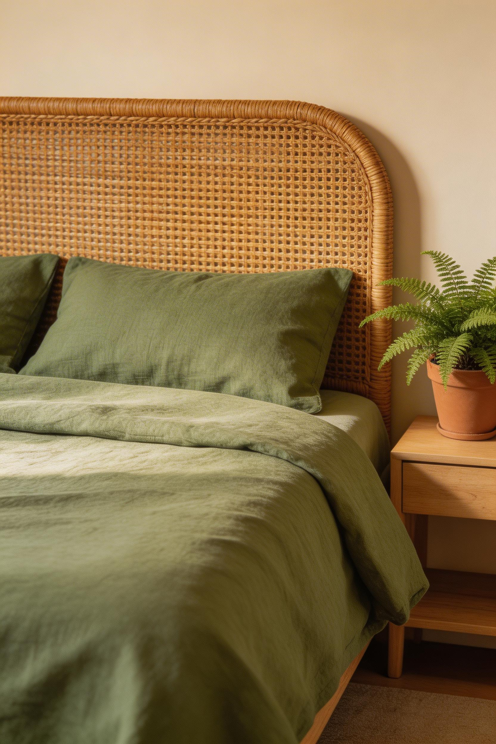 A woven rattan or abaca headboard brings tactile biophilic texture into the bedroom — the natural material works with almost any green shade from sage to deep olive.