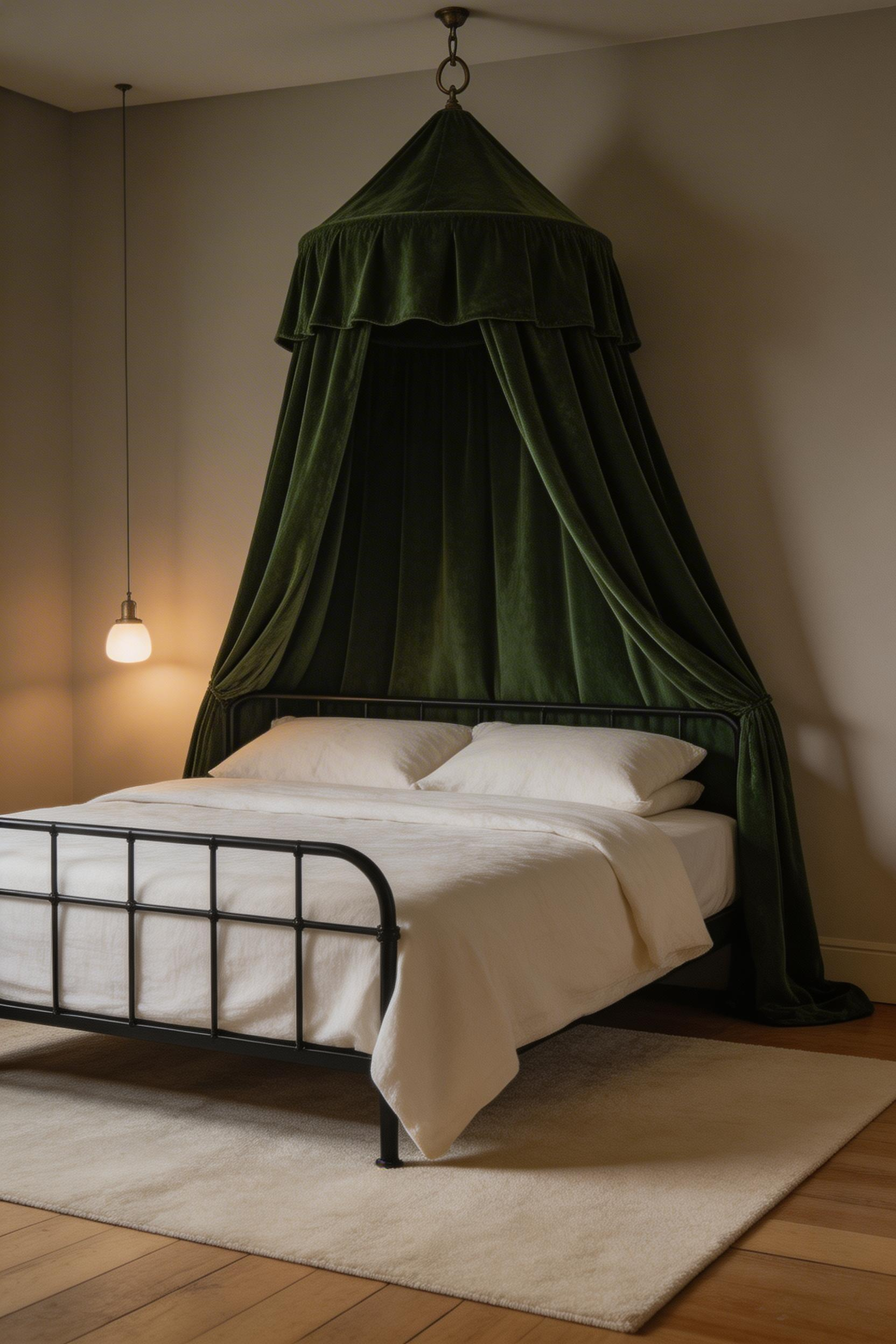 A deep forest green canopy creates the refuge-space psychology that promotes deeper sleep — the feeling of enclosure from above is instinctive and calming in a way that an open bedroom rarely matches.