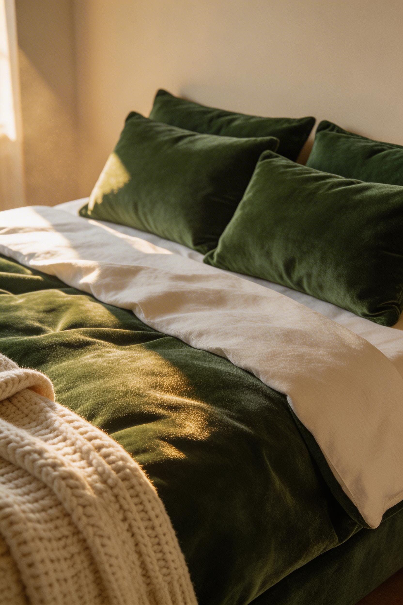 Forest green velvet bedding layers texture and depth into any bedroom — the pile catches light differently throughout the day, giving the room a living quality that plain cotton can't match.