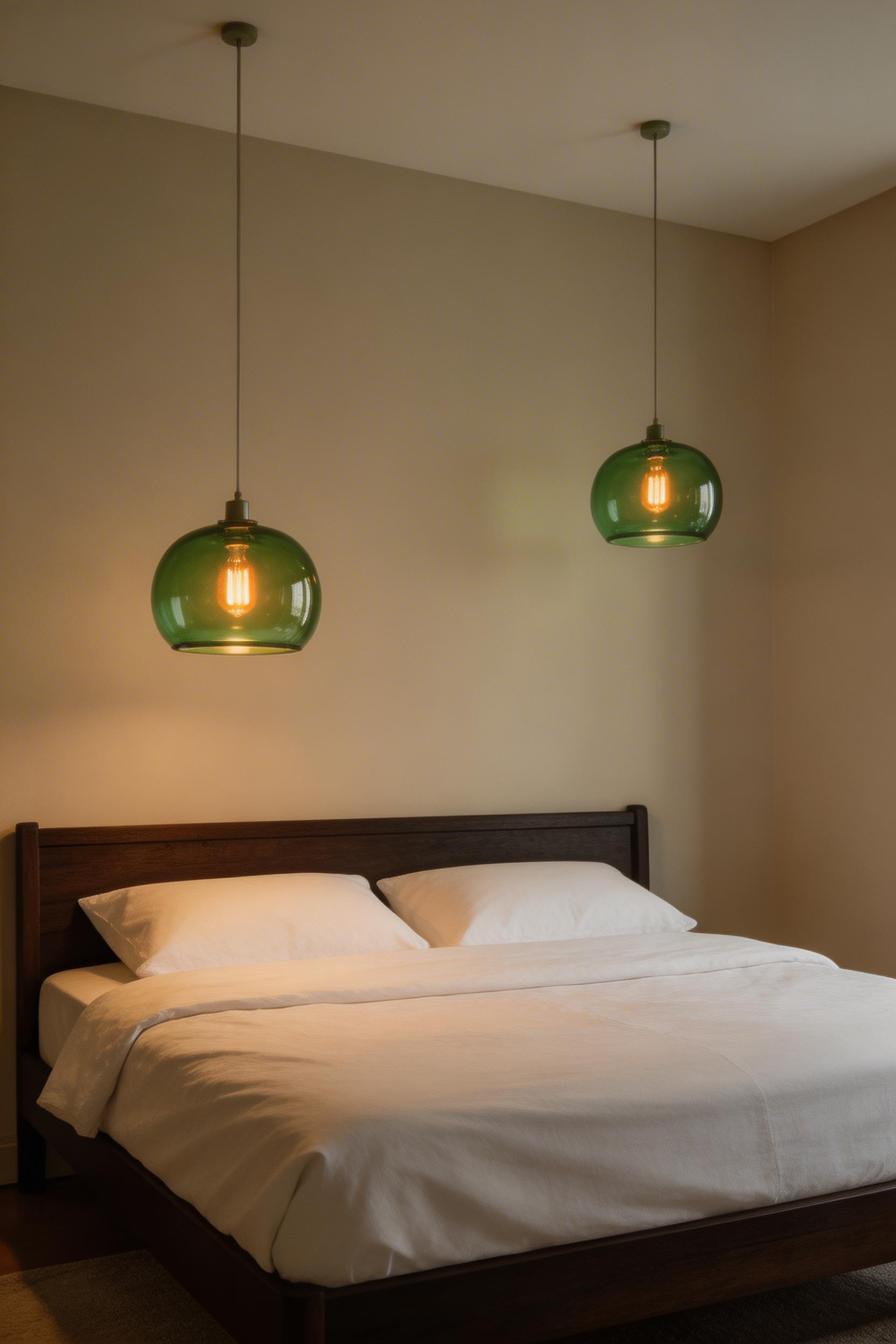 Green glass pendant lights at bedside height free up surface space and cast a warm, subtly tinted glow that deepens the effect of a green bedroom palette — quality of light impossible to replicate with a standard table lamp.