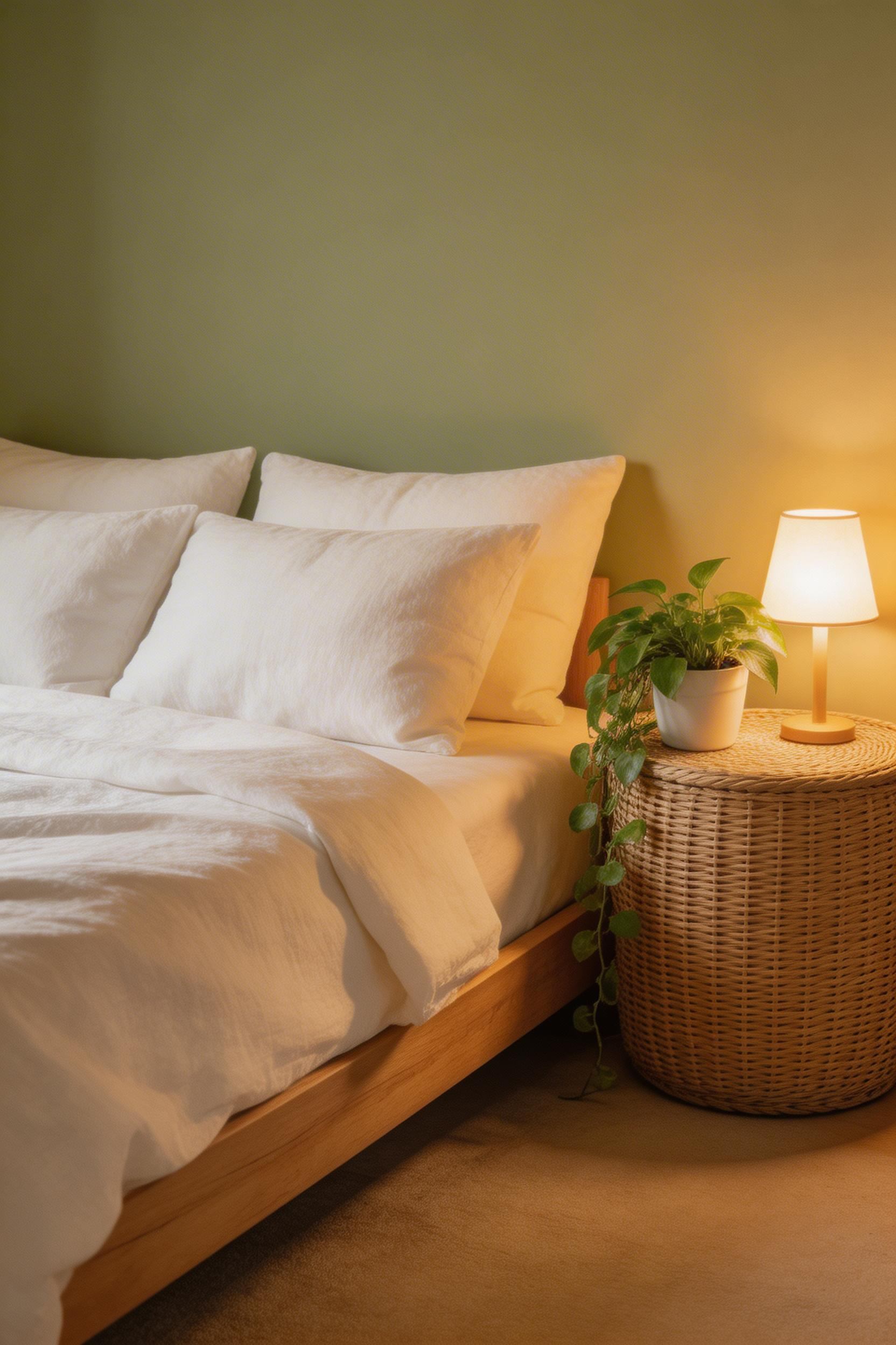 Natural rattan furniture's warm honey tone acts as a visual bridge in any green bedroom — it connects wall colour to neutral bedding and introduces a natural texture that reinforces the room's biophilic character.