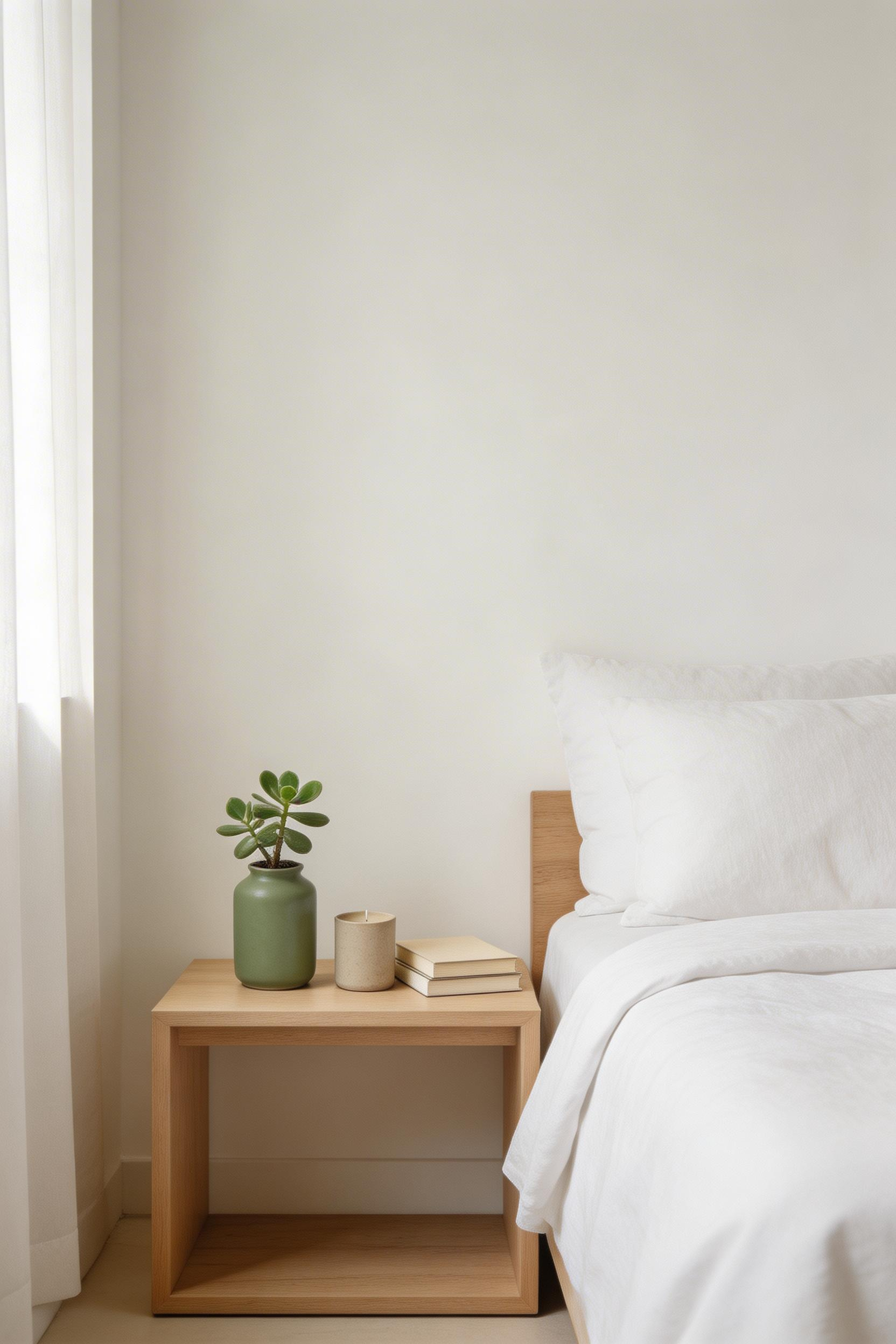 Matcha green accessories — ceramics, candle holders, trays — bring green into a minimal bedroom without disrupting the visual quiet that makes restraint feel intentional rather than sparse.