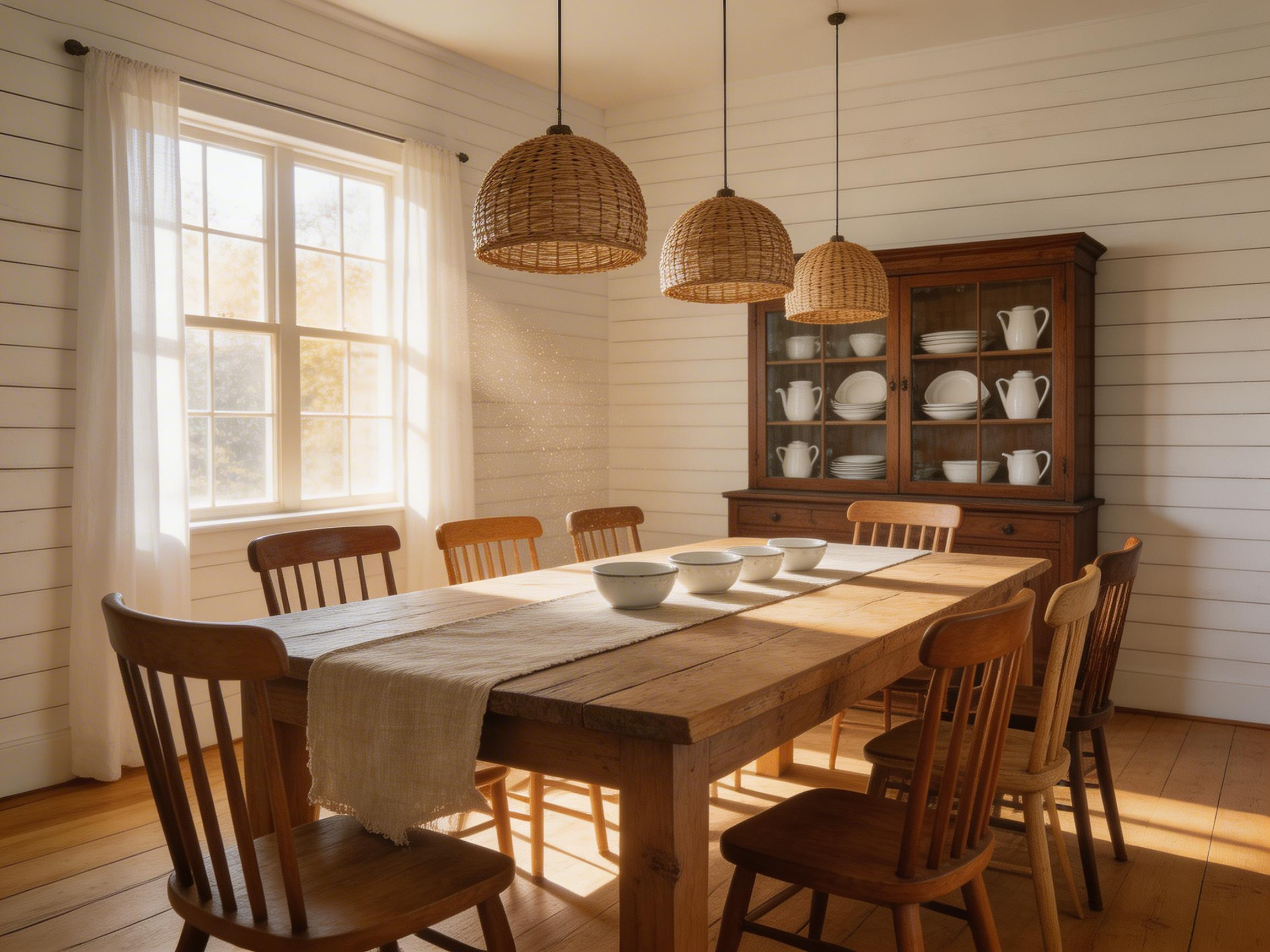 This farmhouse dining room brings together a reclaimed pine table, woven rattan pendants, antique hutch, and natural linen textiles for a layered, characterful space that feels genuinely collected rather than designed.