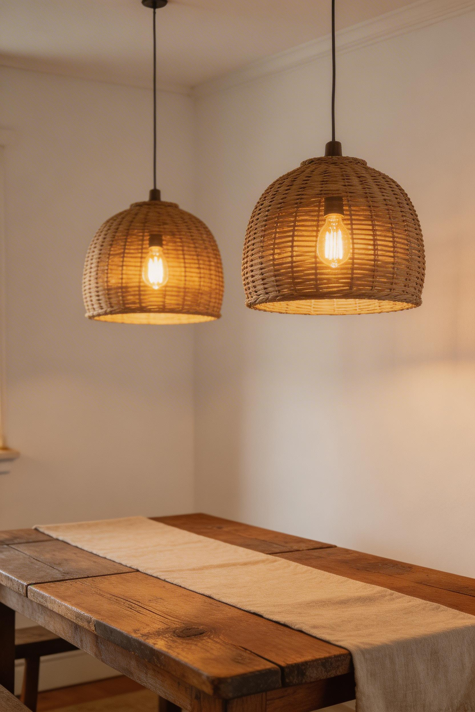 Paired woven rattan pendants create an intimate farmhouse dining atmosphere, casting warm pools of light over a reclaimed wood table dressed with a natural linen runner.