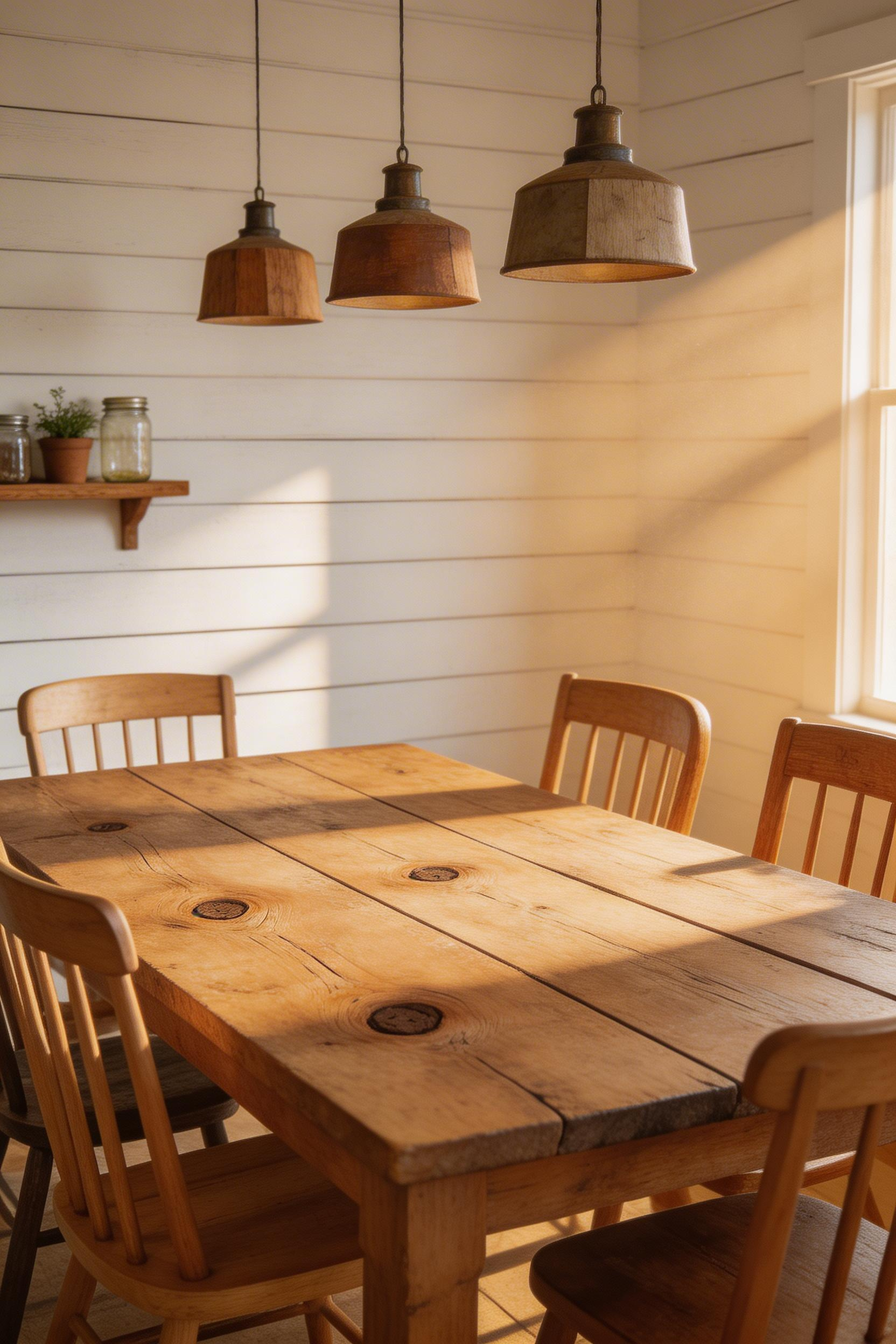 A reclaimed pine dining table with natural knots and worn patina forms the anchor of this farmhouse dining room, surrounded by a relaxed mix of wooden chairs.