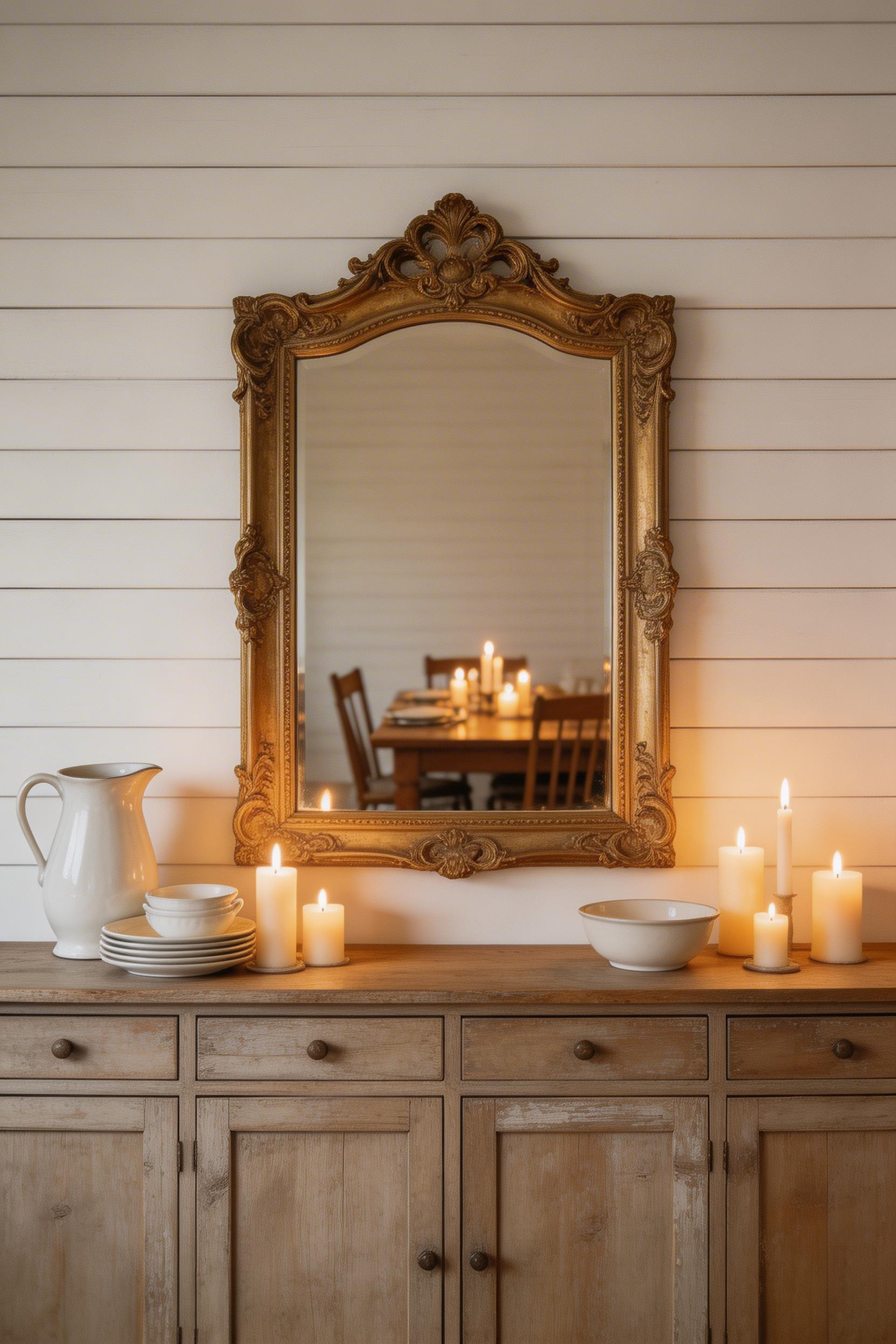 A large antique gilt-frame mirror above a farmhouse sideboard doubles the perceived space while reflecting the warm candlelit atmosphere of the dining room back into itself.