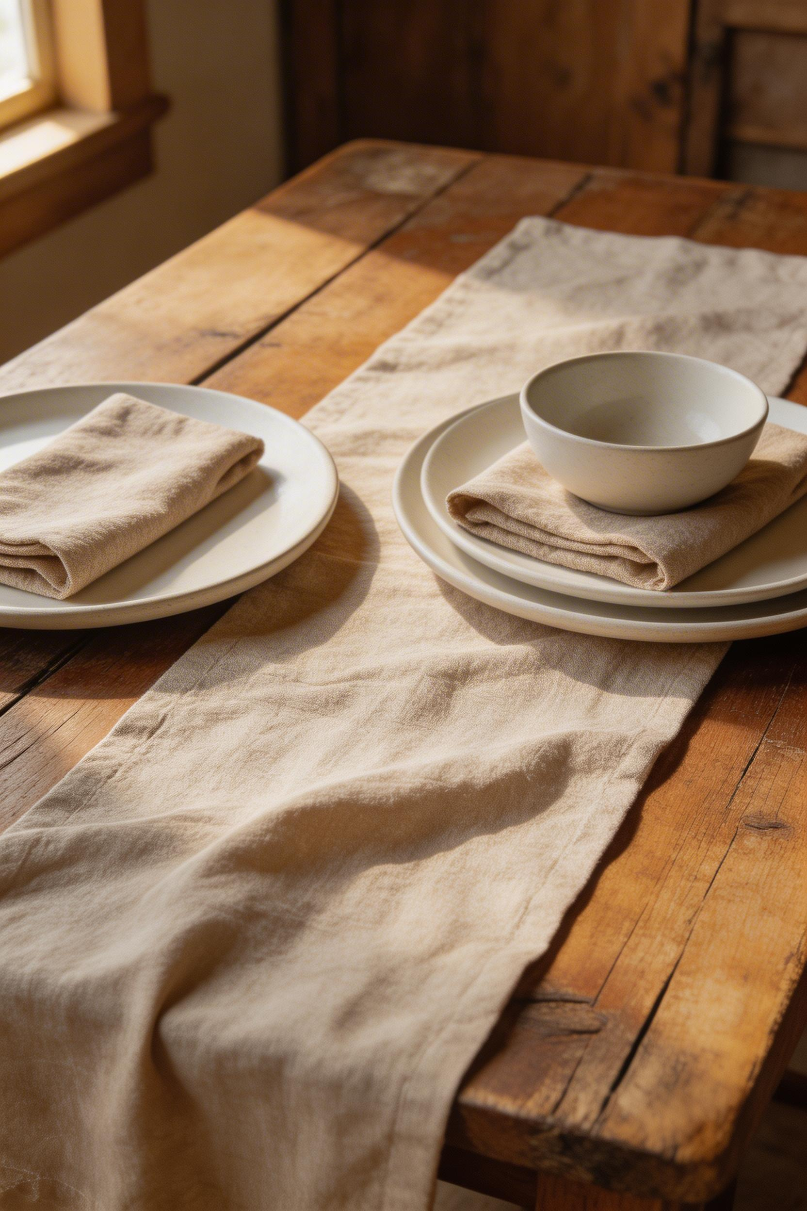 A natural, unironed linen runner layered with simple place settings gives this farmhouse dining table an authentic, lived-in warmth that no pressed tablecloth can replicate.