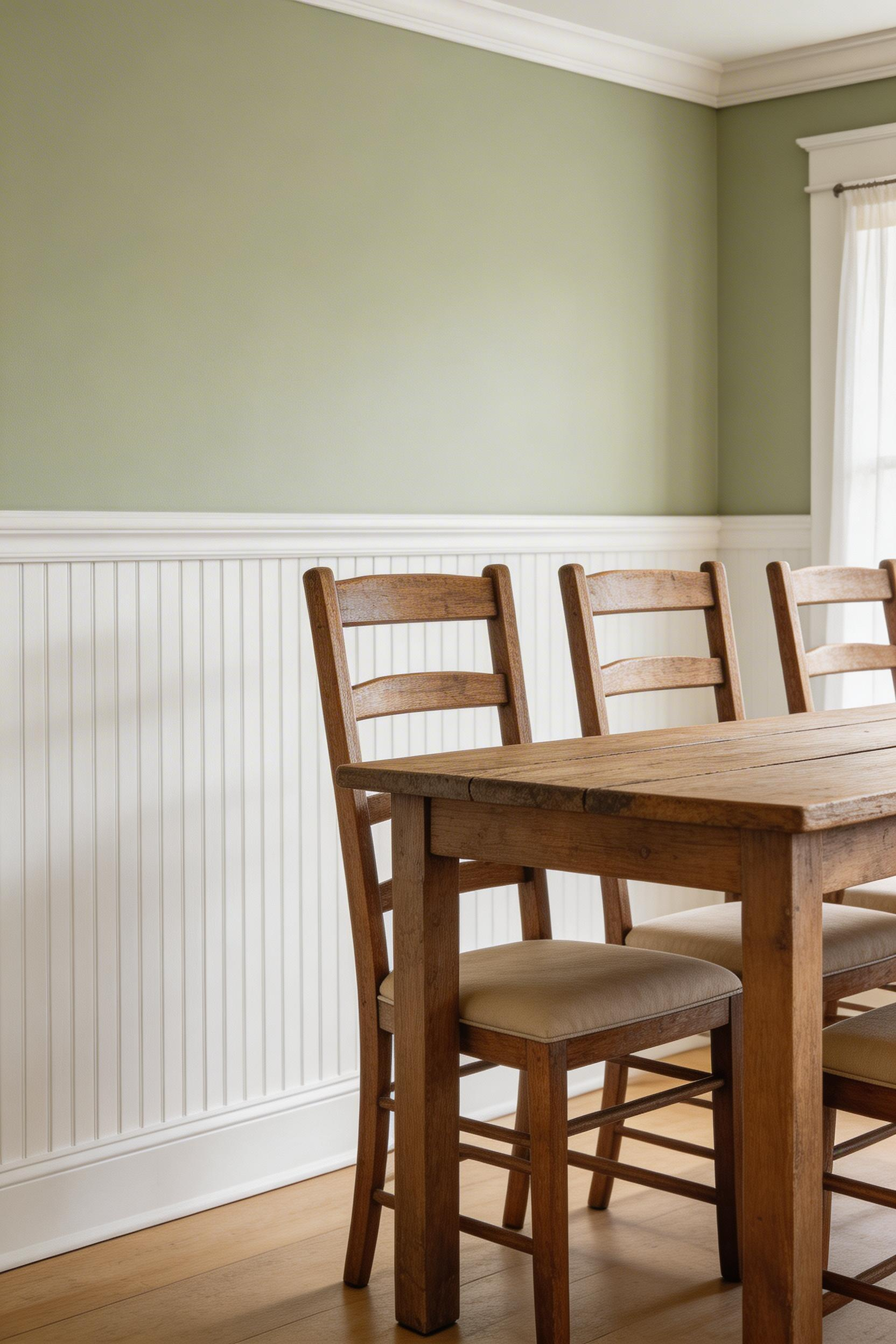 White beadboard wainscoting with a classic chair rail and soft sage upper walls gives this farmhouse dining room the architectural bones that a painted flat wall can never provide.