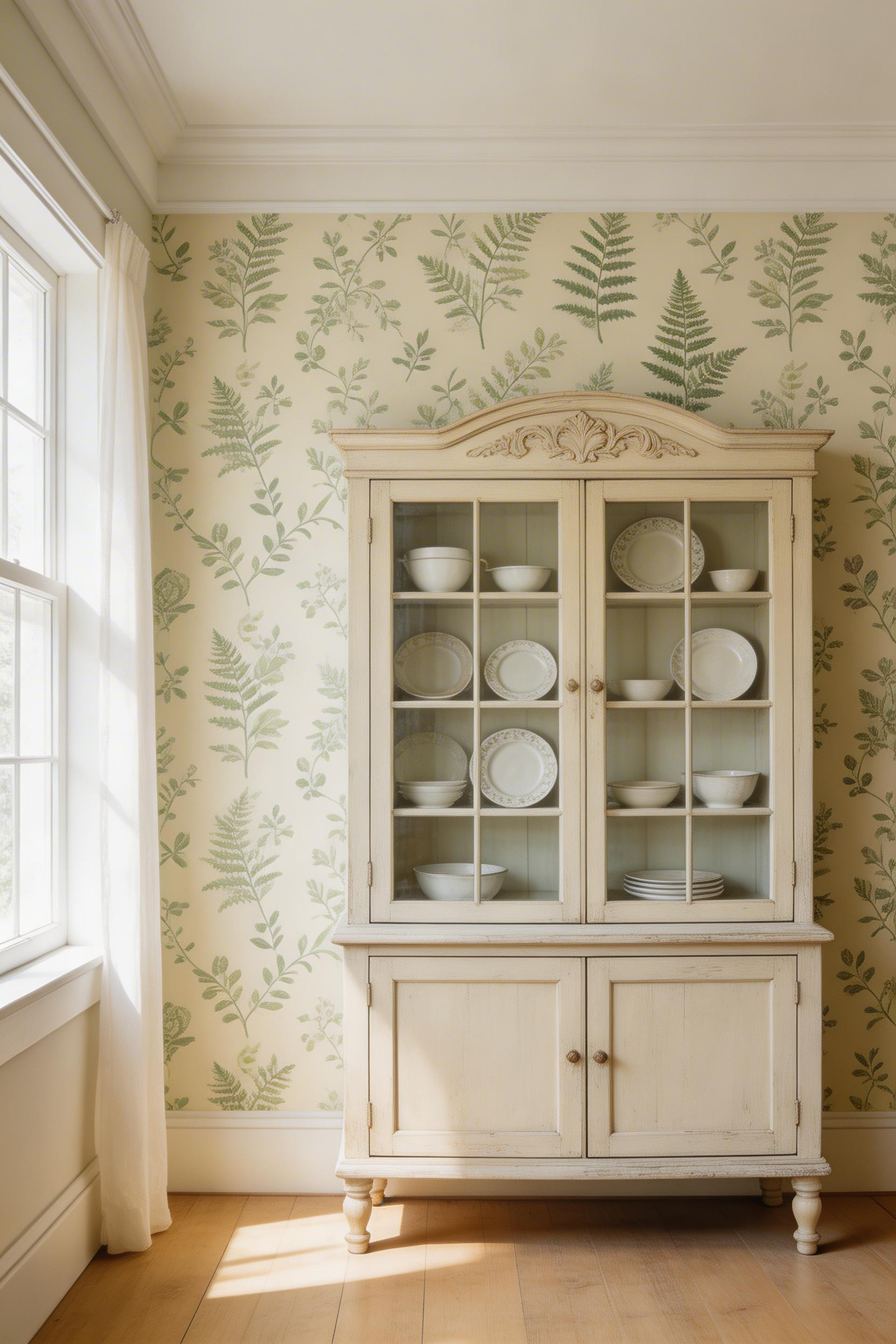 A cream and sage botanical wallpaper accent wall provides a rich backdrop for an antique painted hutch, bringing the pattern complexity that transforms a plain farmhouse dining room into a considered, layered space.