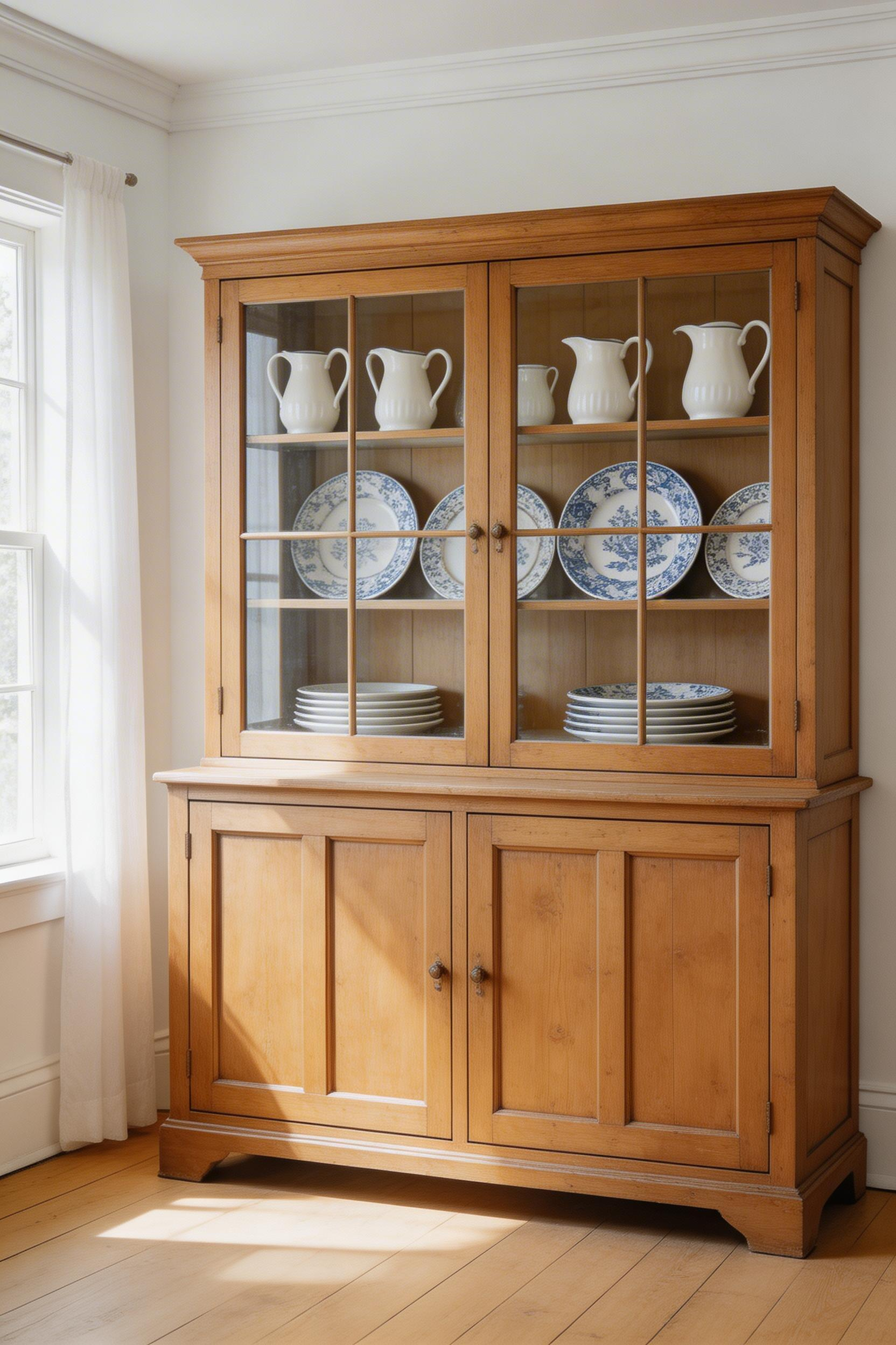 An antique pine hutch painted in soft white chalk paint displays ironstone pitchers and vintage transferware plates, bringing storage, character, and vertical presence to this farmhouse dining room.