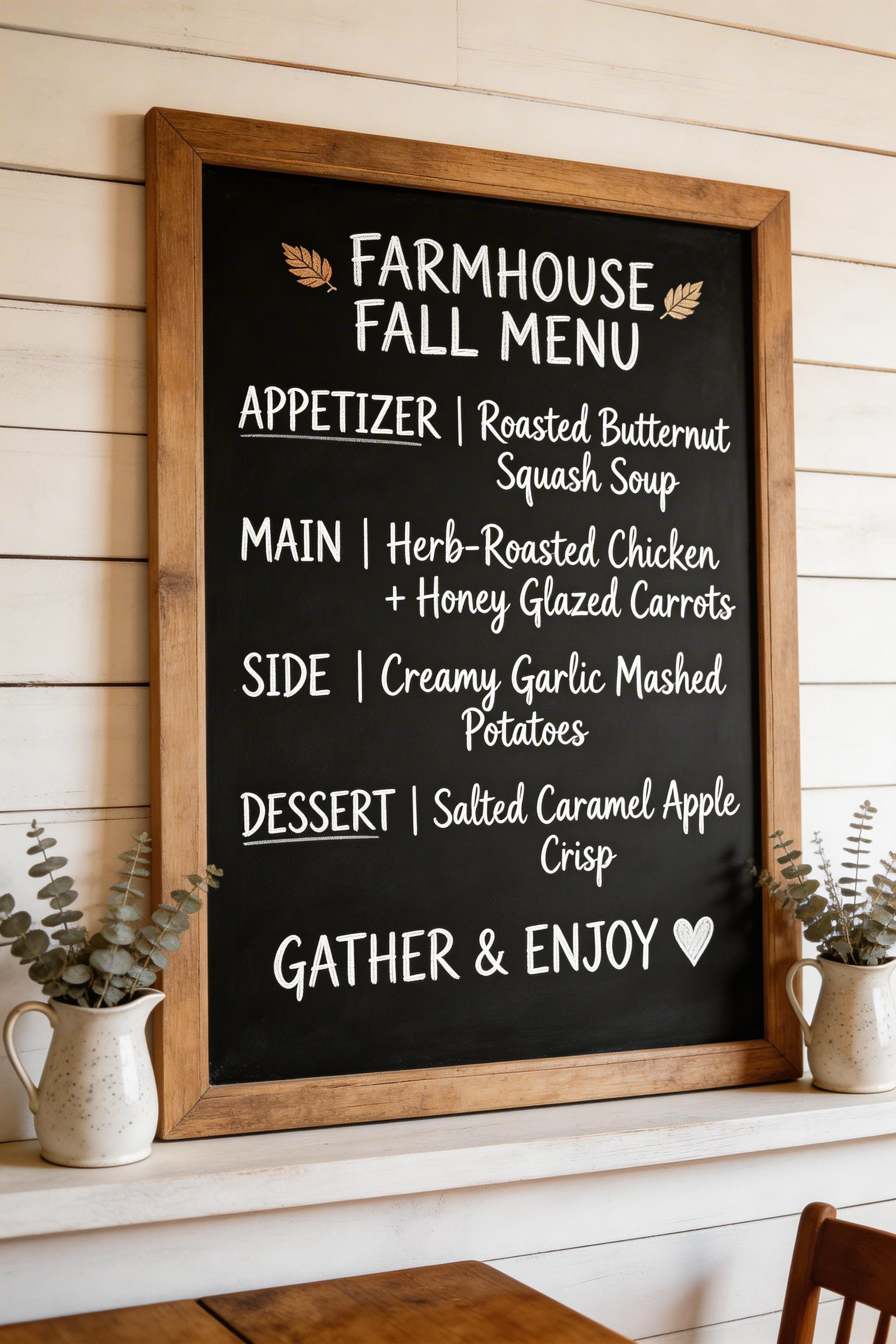 A framed chalkboard panel with a hand-lettered seasonal menu becomes a functional centerpiece in this farmhouse dining room, combining practicality with genuine decorative character.