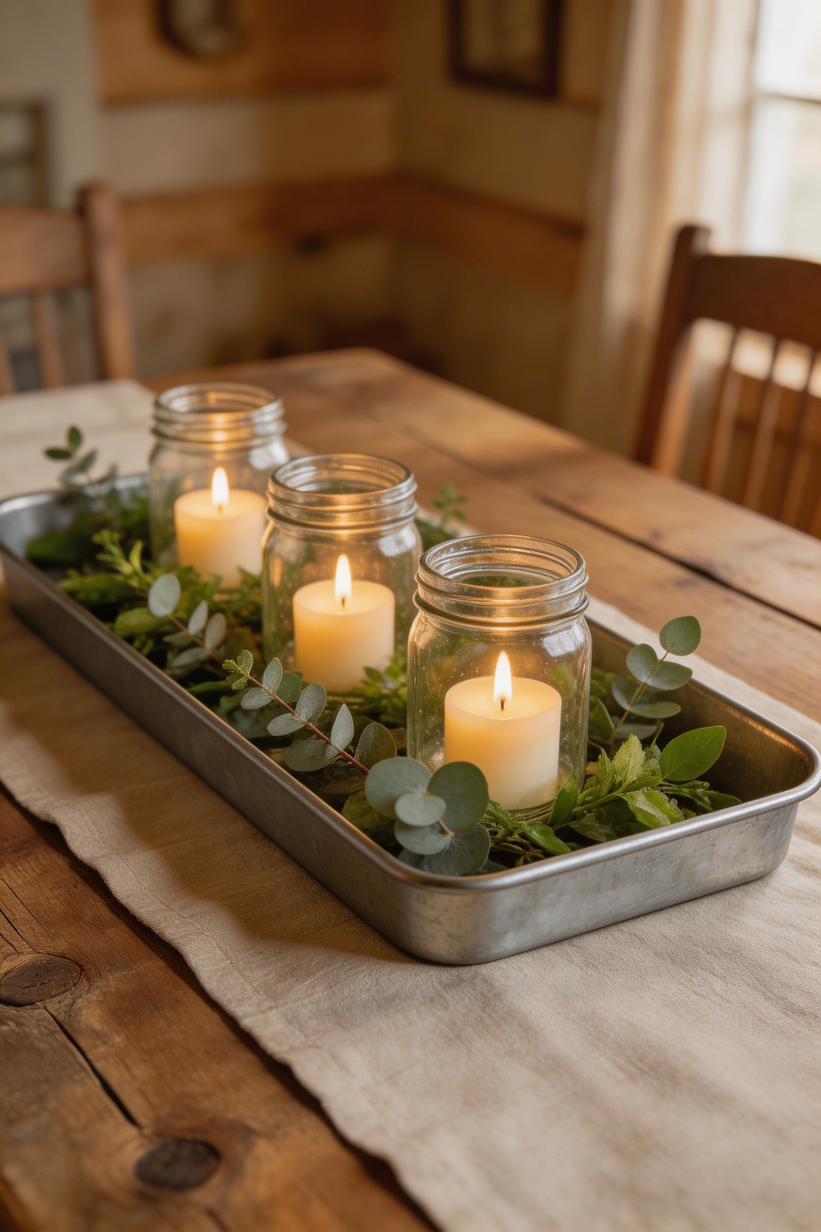 A galvanized metal serving tray anchors a casual farmhouse centerpiece, corralling mason jar candleholders and fresh eucalyptus on a reclaimed wood dining table.