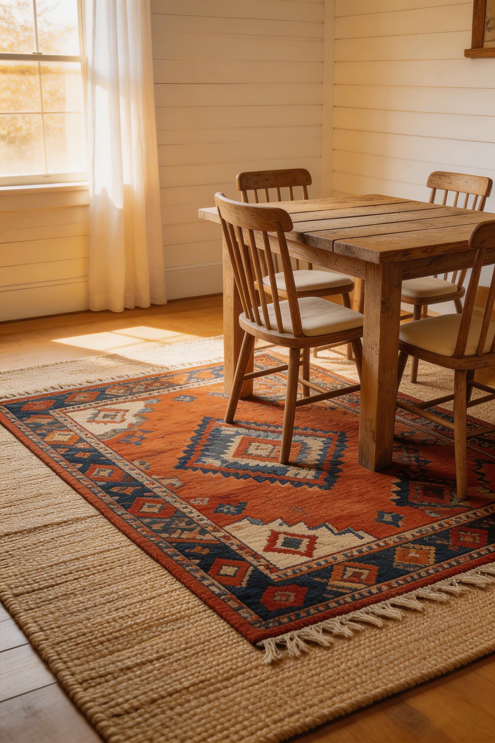 A large jute rug grounds the dining area while a smaller layered vintage kilim adds pattern and warmth, a pairing that reads as collected rather than coordinated.