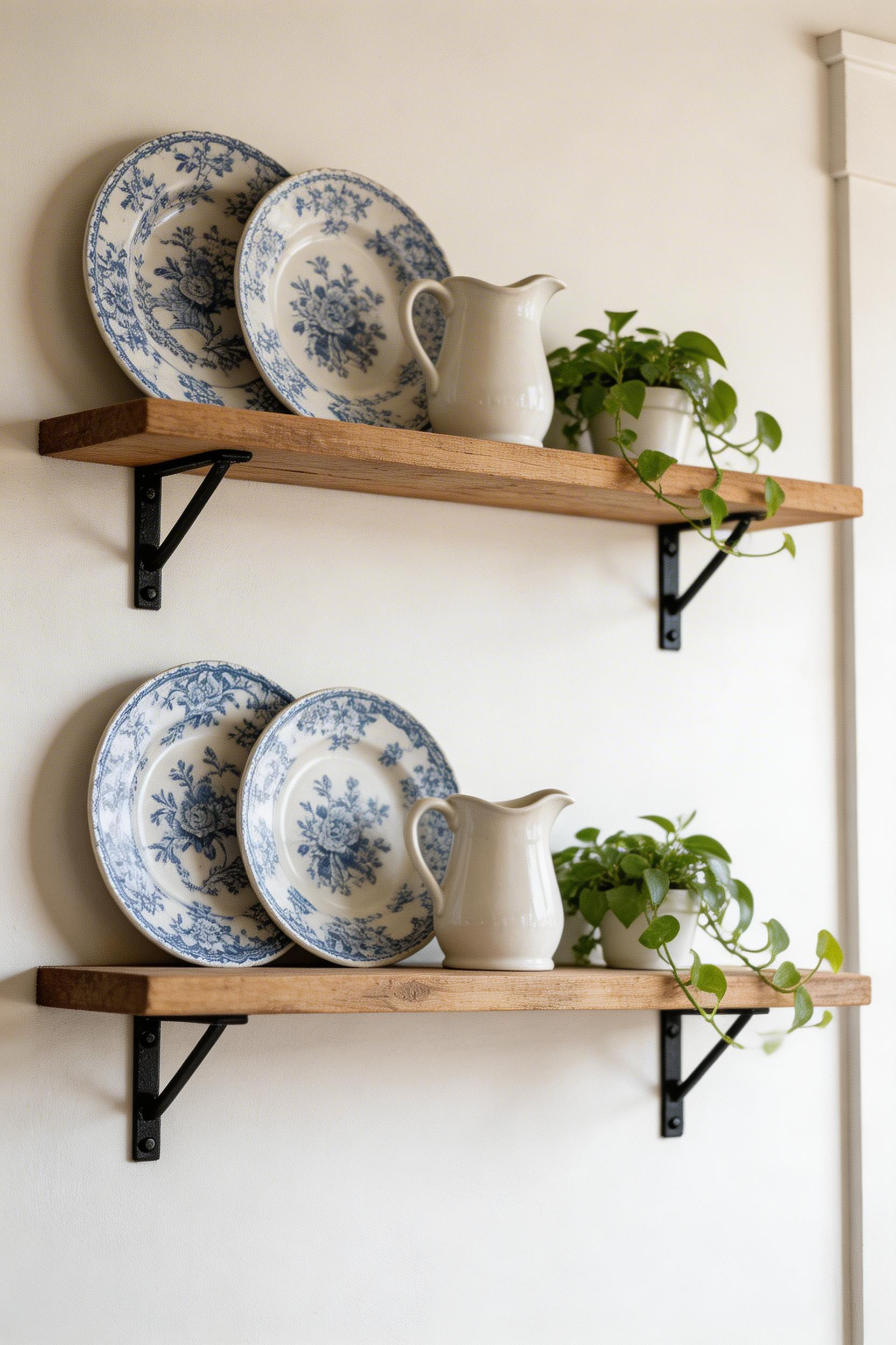 Floating pine shelves on matte black brackets display a curated mix of white ironstone and vintage blue transferware, adding collected character to this farmhouse dining room wall.