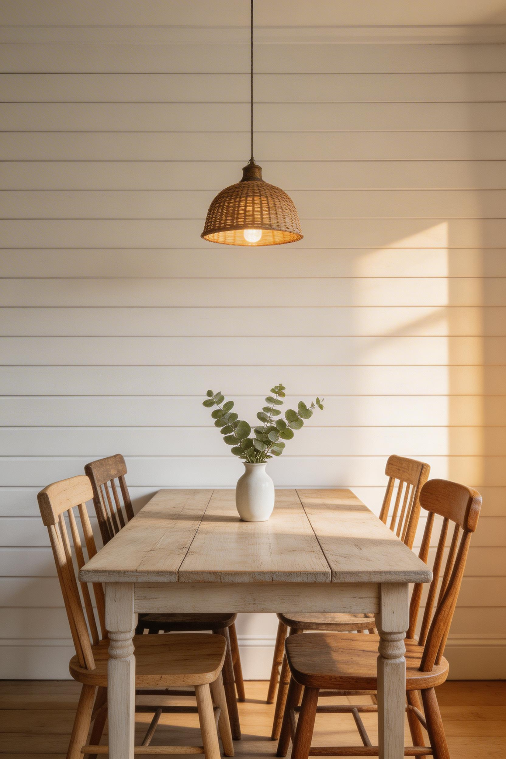 A white-painted shiplap accent wall adds immediate rustic depth to this farmhouse dining room, grounding the reclaimed wood table and mix-and-match seating.