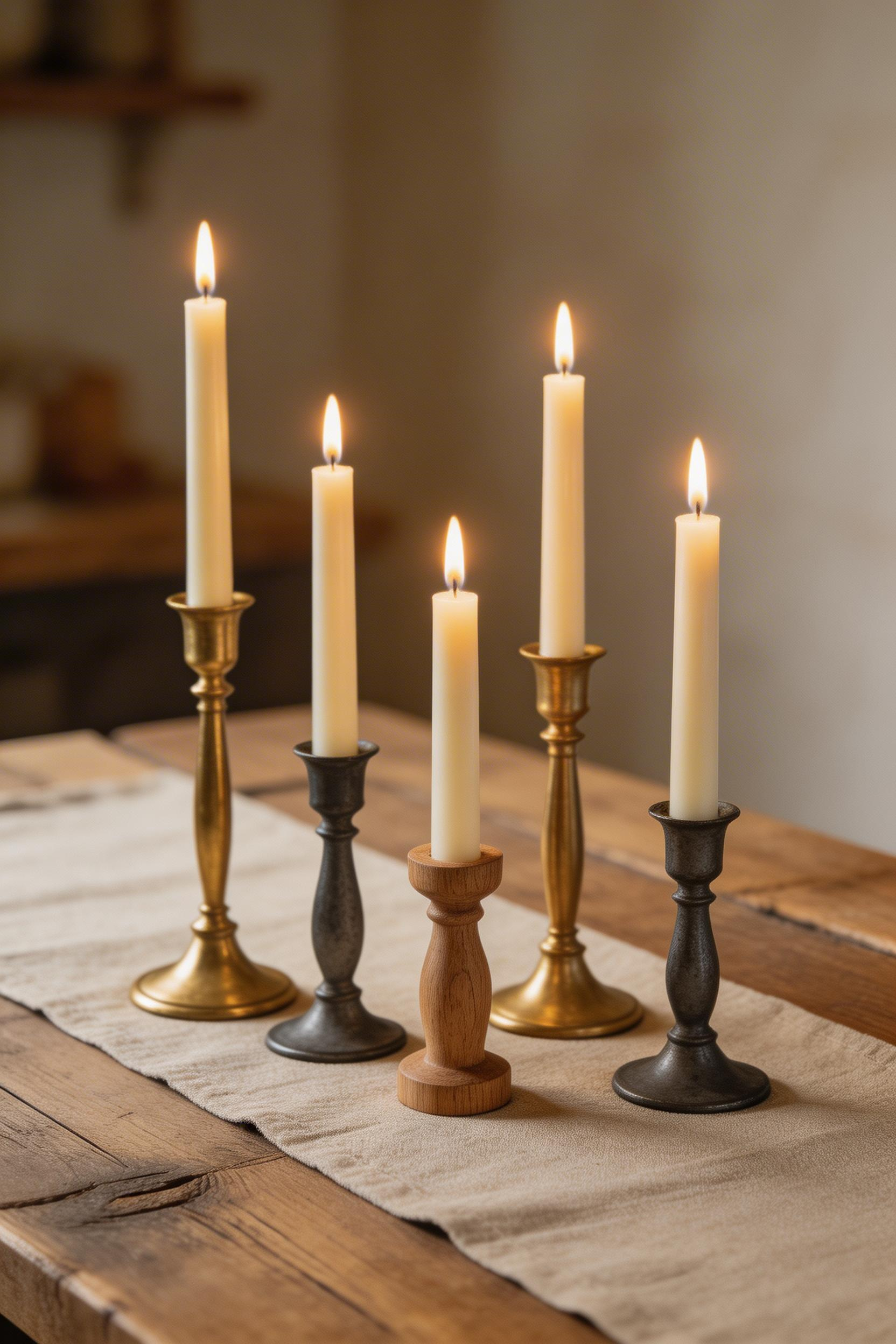A curated cluster of mismatched brass, iron, and wood candlesticks holding ivory taper candles transforms the farmhouse dining table into an intimate, genuinely atmospheric dining experience.