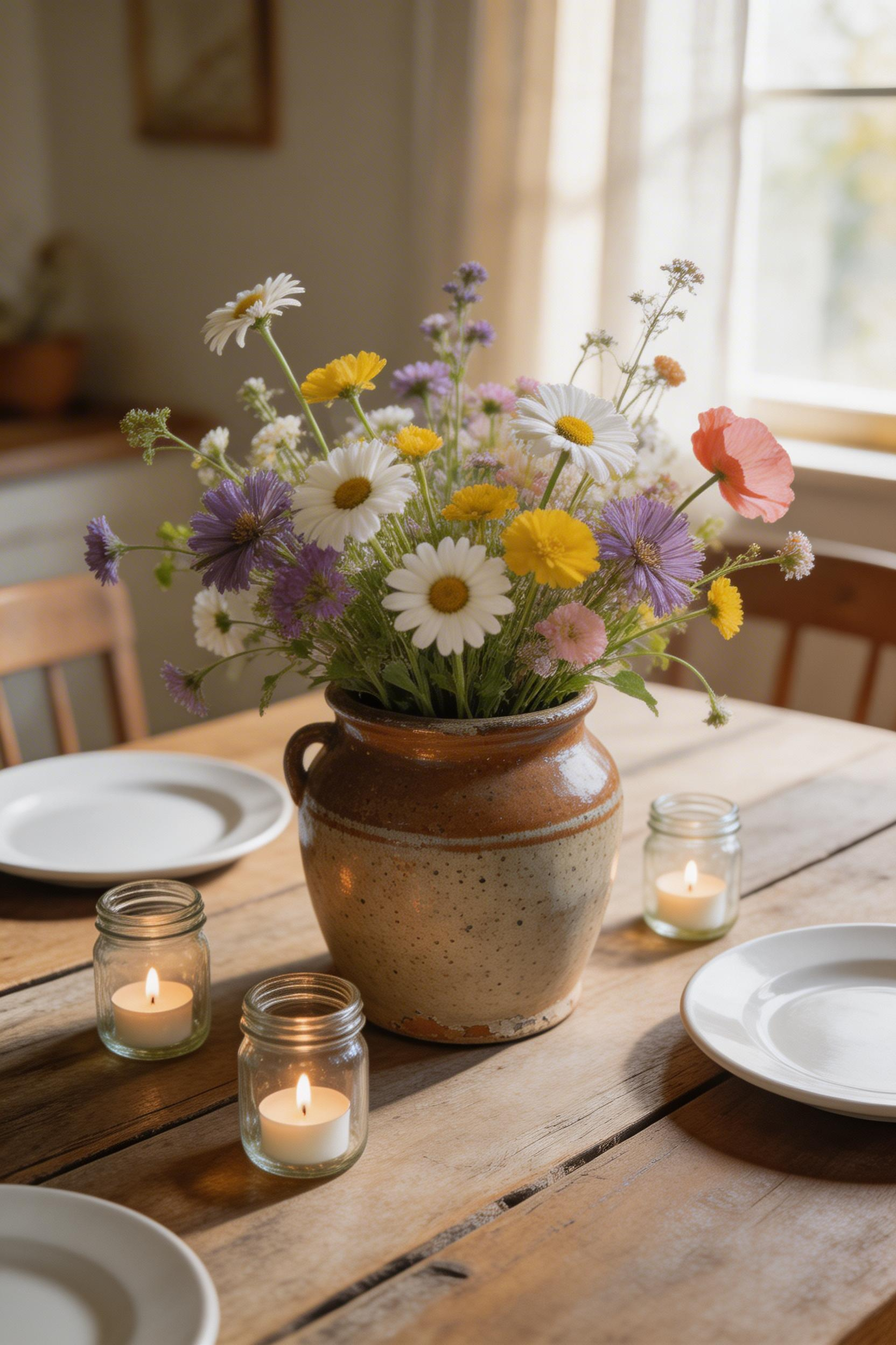 A handful of wildflowers in an antique stoneware crock alongside mason jar tealights brings genuine farmhouse charm to a dining table for less than the cost of a grocery-store bouquet.