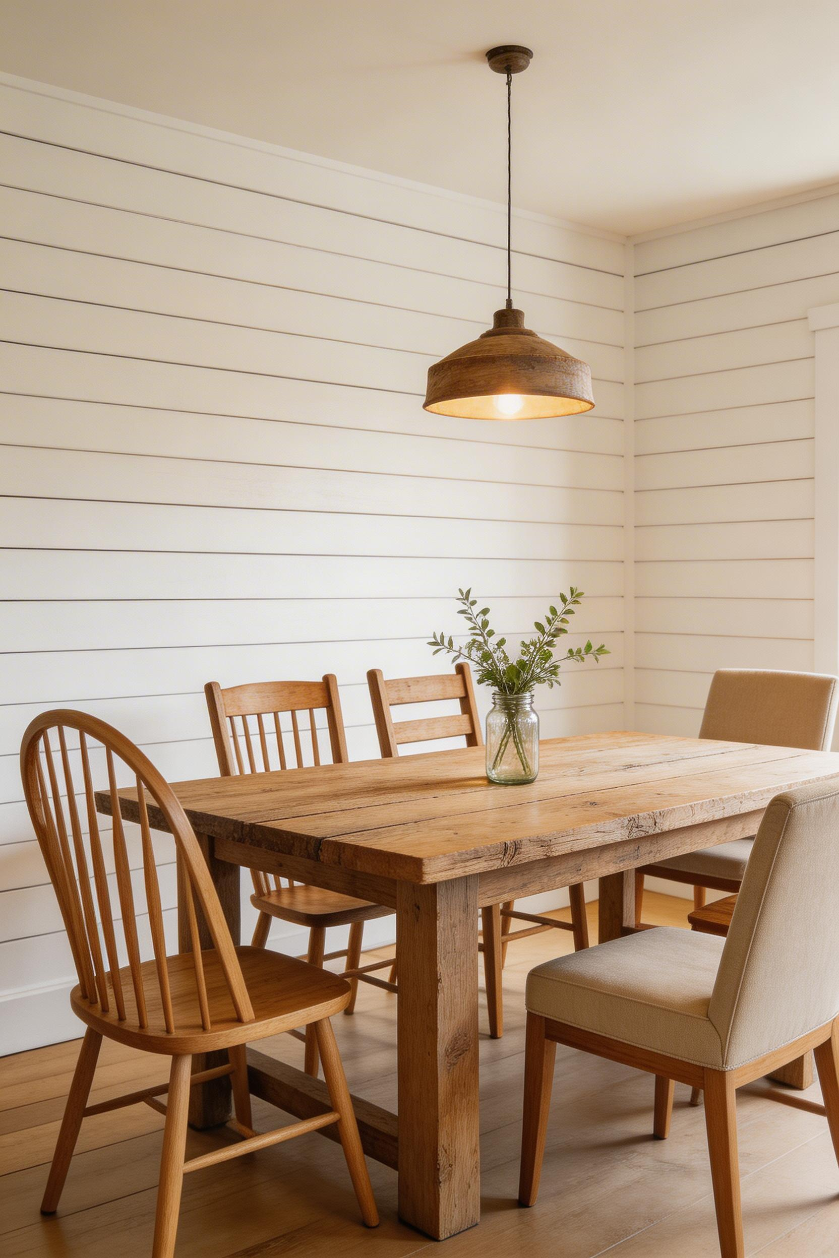Carefully mixed Windsor, ladderback, and upholstered chairs give this farmhouse dining table the collected-over-time character that a matching set can never replicate.