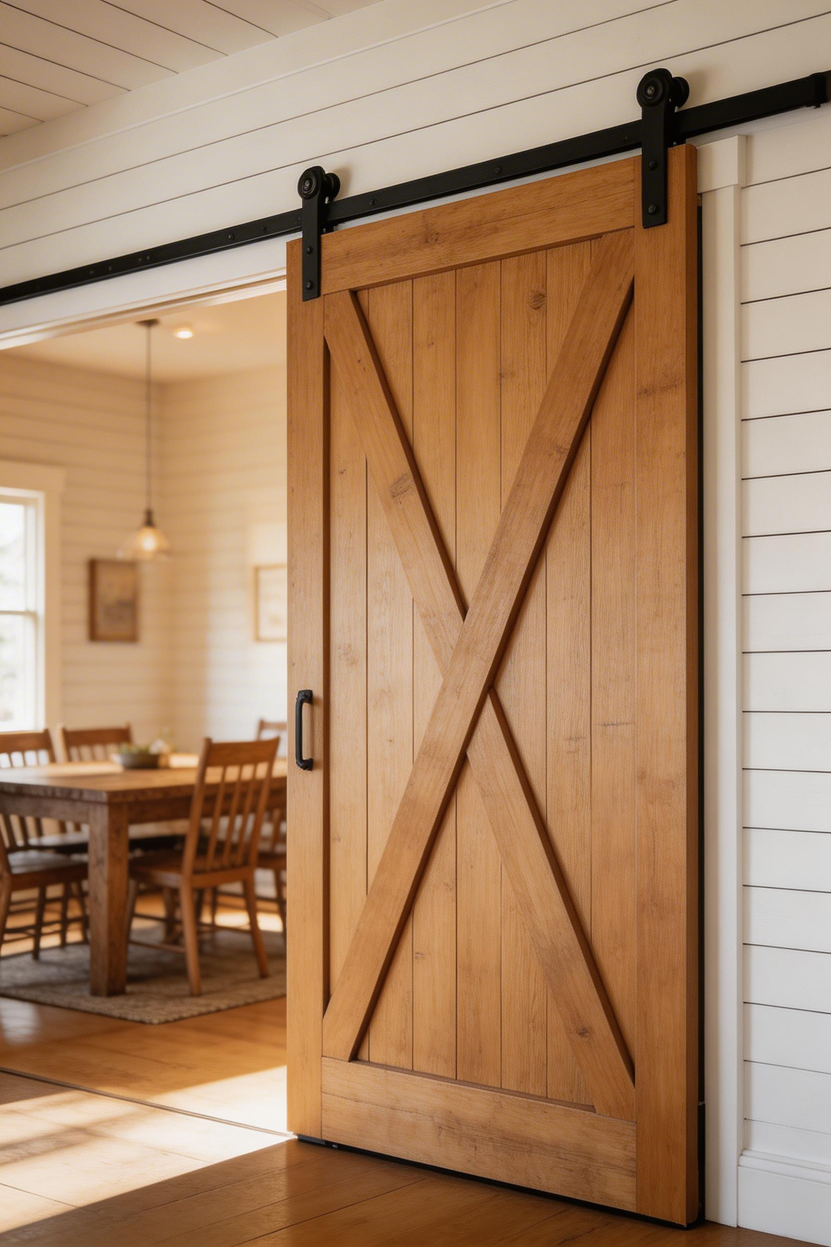 A pine Z-brace barn door on matte black hardware tracks solves the dining room entry problem while adding authentic farmhouse character that a standard hinged door can't provide.