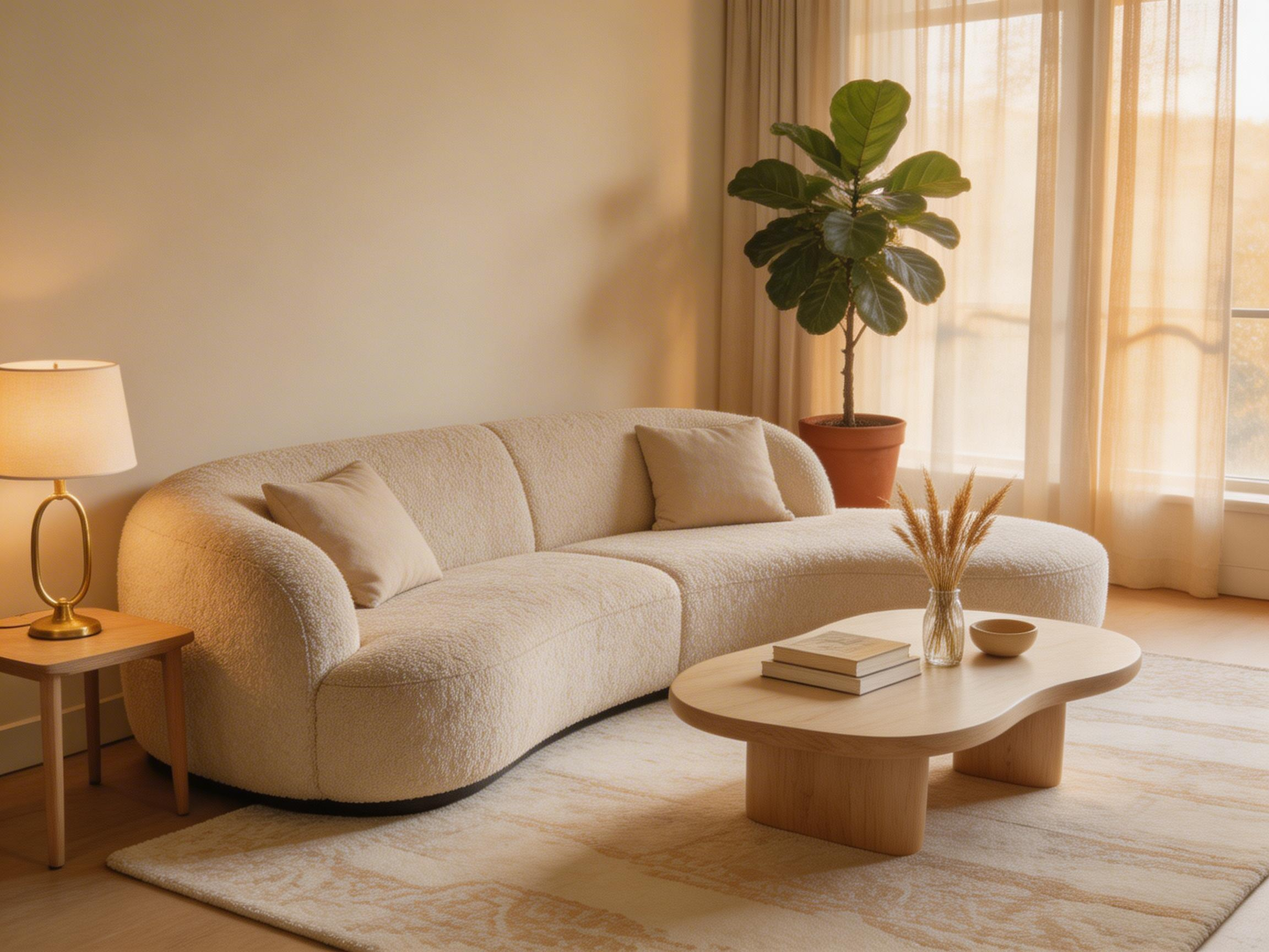 A fully layered beige living room decoration — curved boucle sofa, tonal rug, natural linen curtains, warm brass lighting, and living plants — showing how neutral colours create depth through texture and form rather than colour contrast.