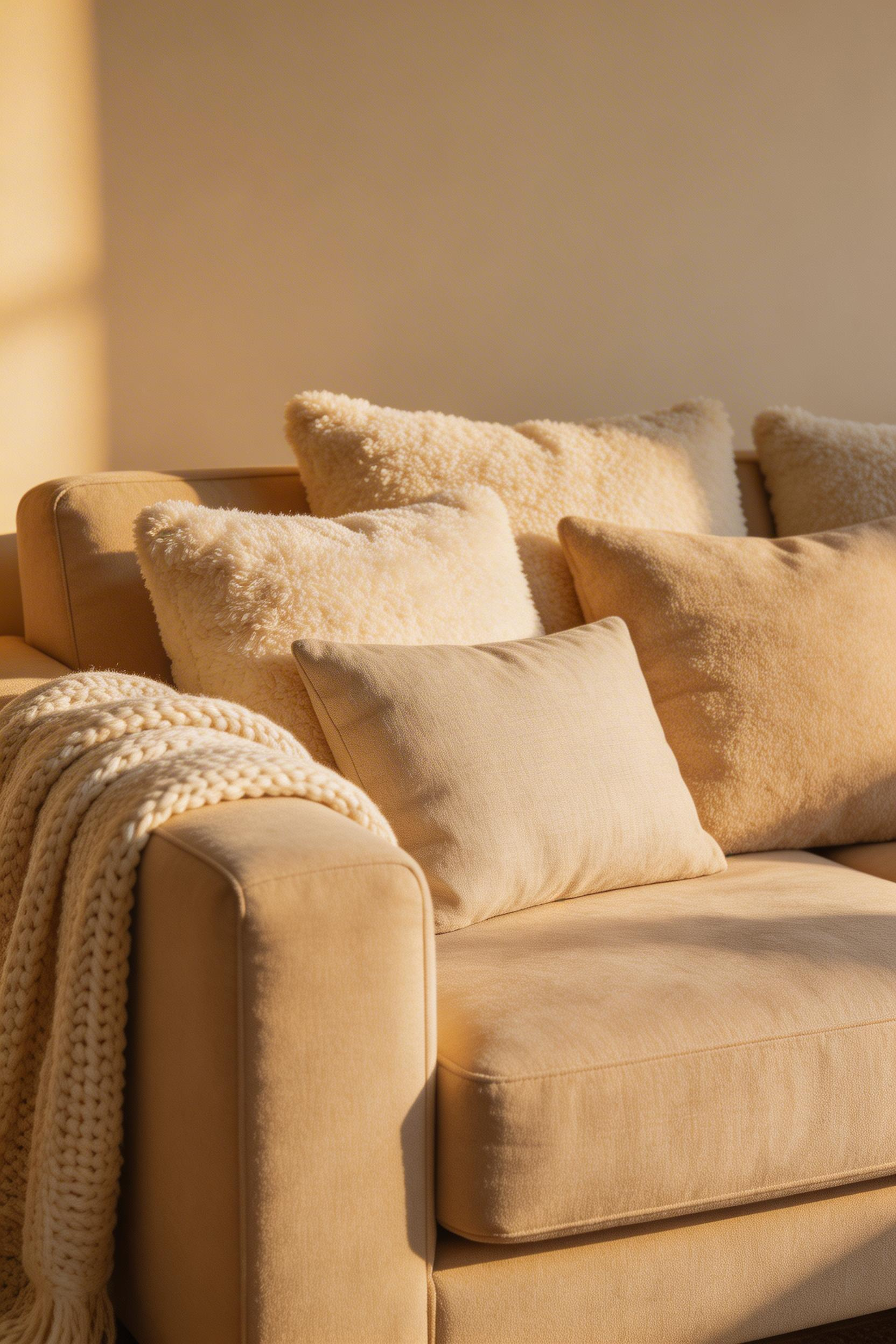 Layering three fabric weights — boucle, linen, and chunky knit — on a single sofa is the most effective way to add richness to a beige living room decoration without introducing colour.