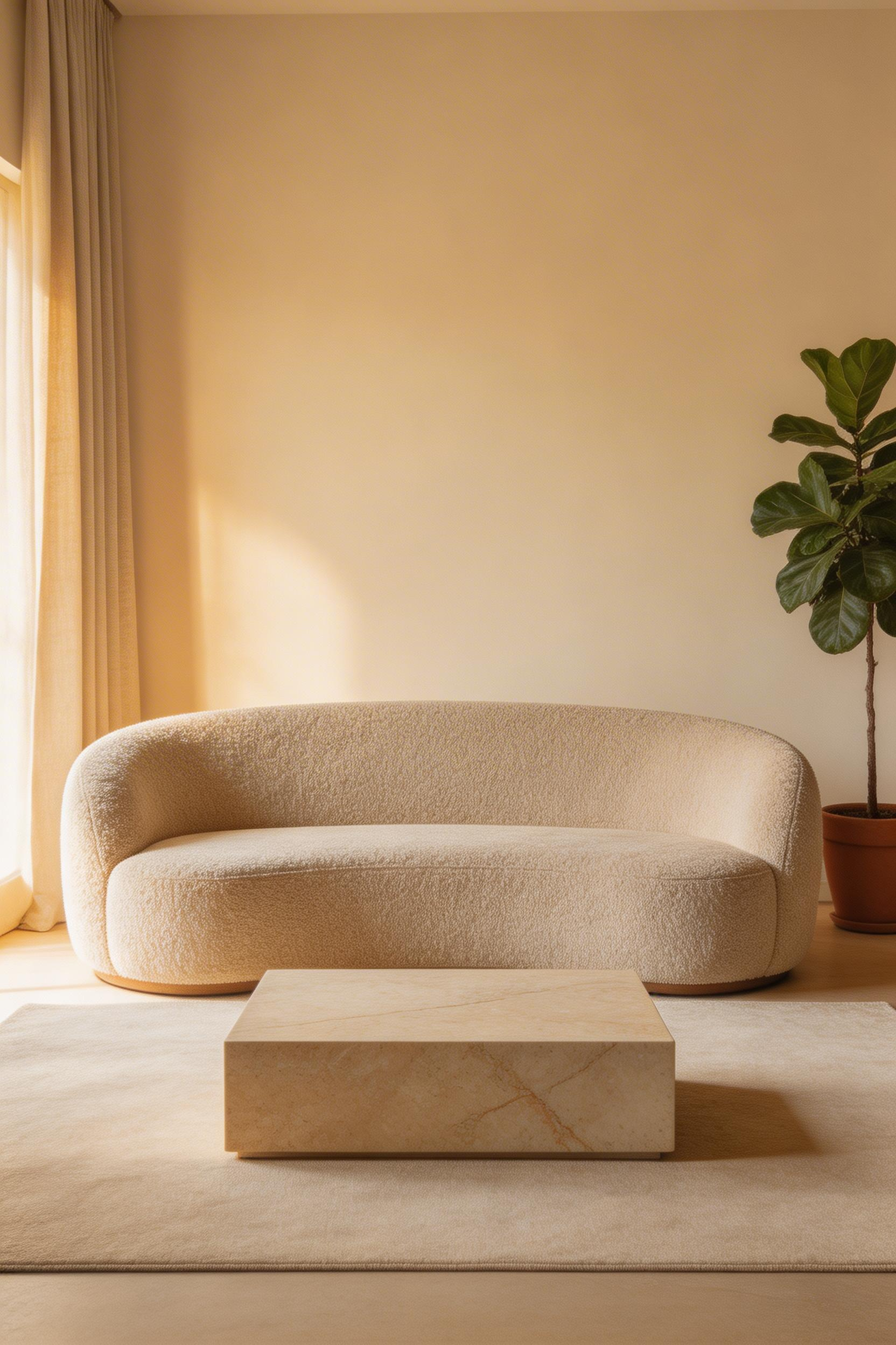 A curved sofa in oatmeal boucle uses its organic silhouette to anchor a beige living room decoration scheme in the same way a bold colour would in a conventional room.