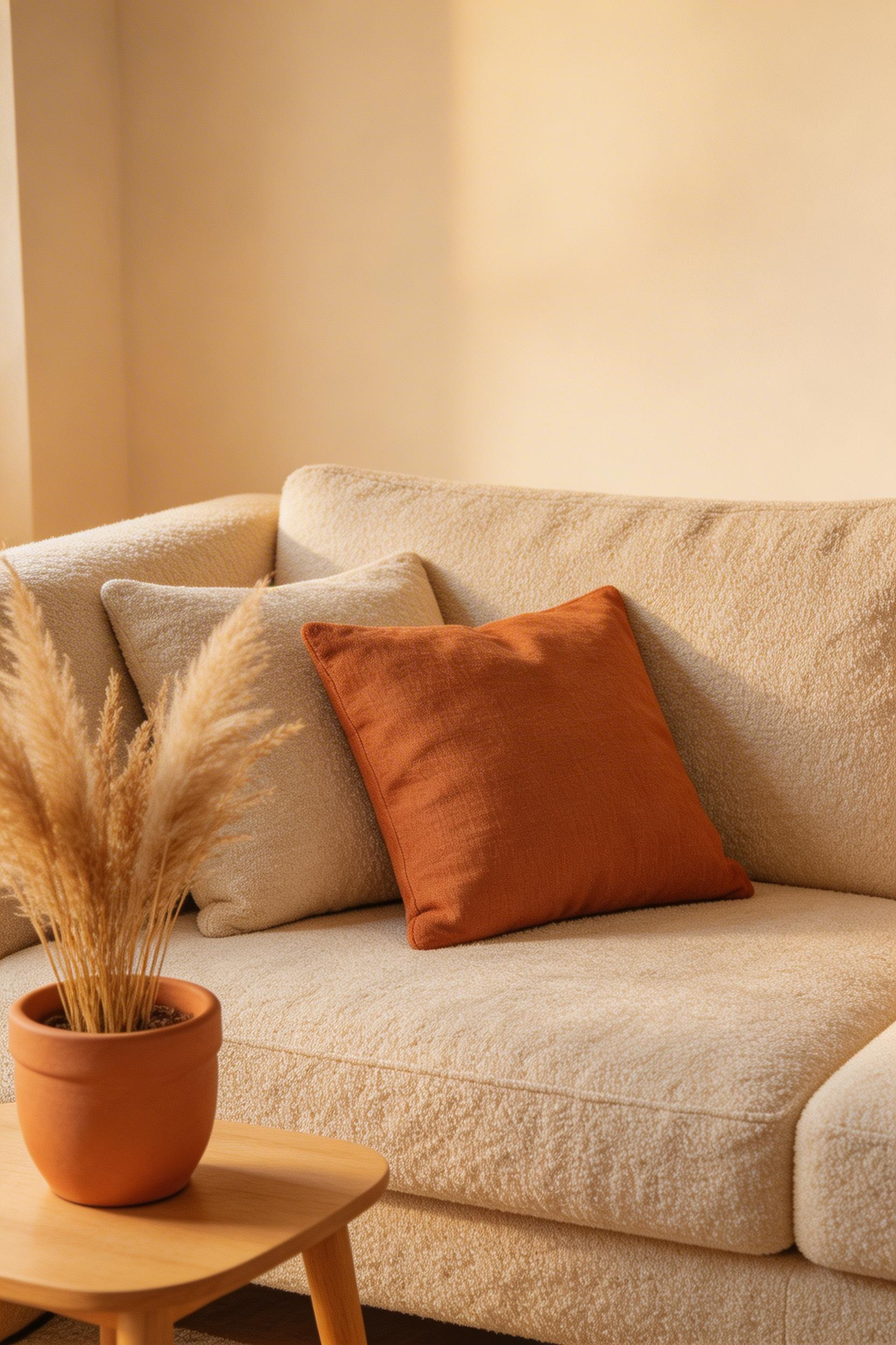 Terracotta linen cushions and clay ceramic pots introduce warm accent colour into a beige living room decoration scheme without breaking the neutral palette logic.