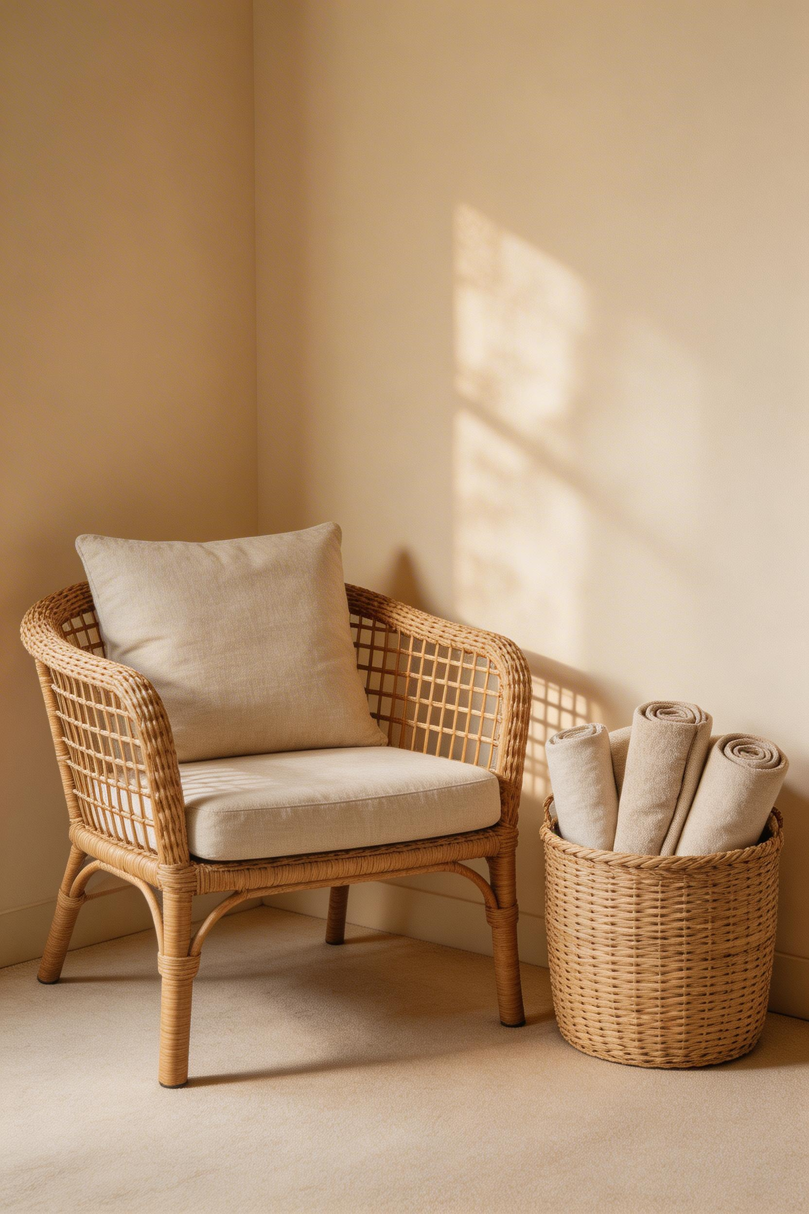 A rattan armchair casts shifting shadow patterns on a beige wall as light moves through the day — adding natural visual complexity without introducing any colour outside the neutral palette.