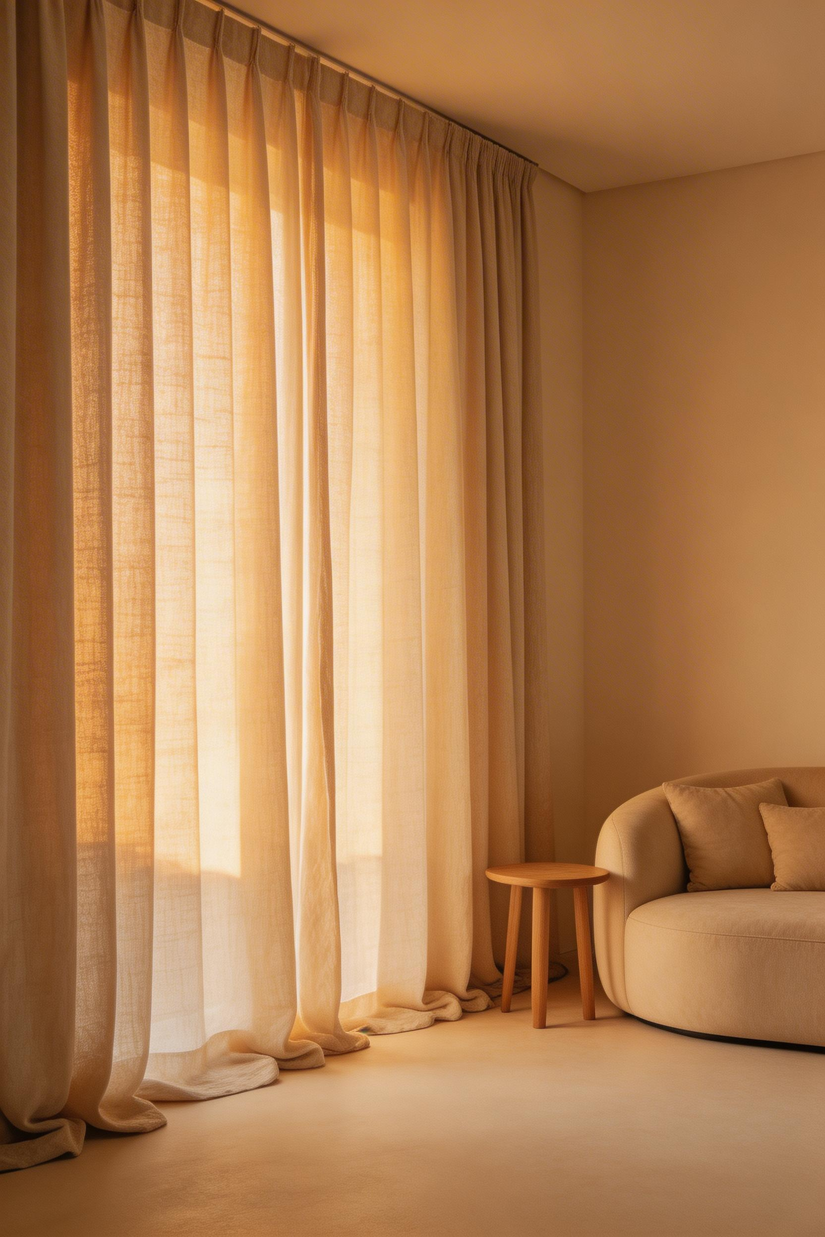 Natural linen drapes hung from ceiling height filter warm light into a beige living room decoration, adding vertical flow, softness, and the gentle movement that walls and upholstery alone cannot provide.