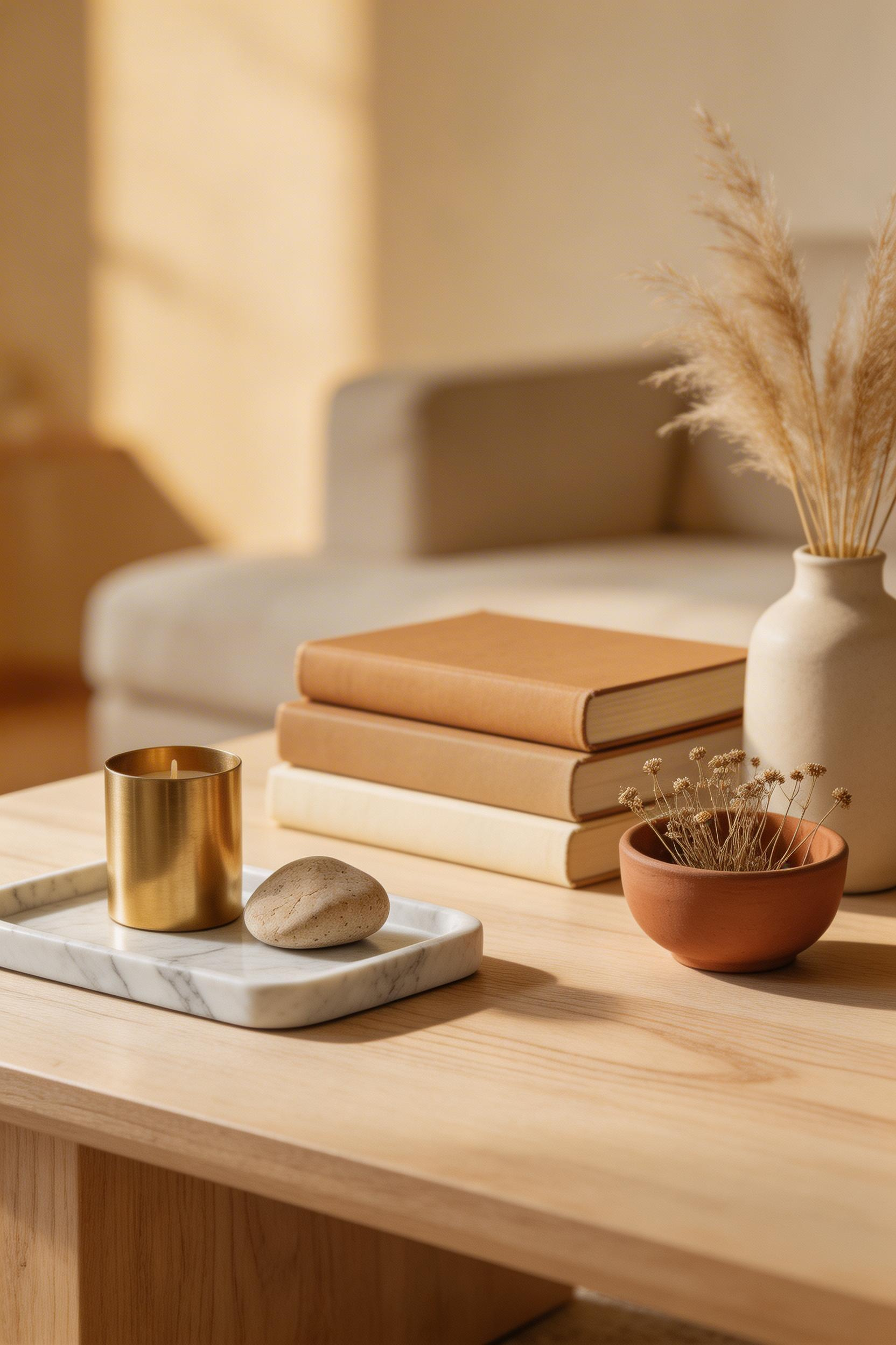 Coffee table styling in a beige living room decoration scheme works through organic objects — marble, travertine, dried botanicals, and linen-spined books — that add texture and form without colour.