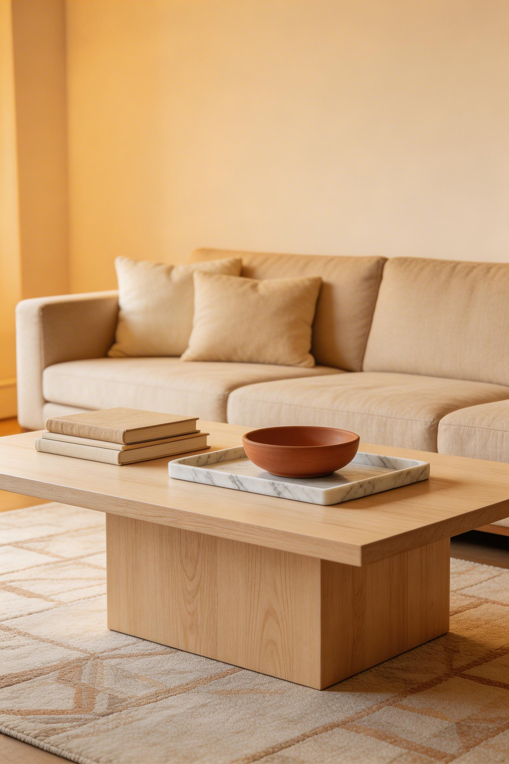 A warm-toned wood coffee table anchors the beige living room decoration by providing organic warmth and visual weight that soft furnishings alone cannot achieve.