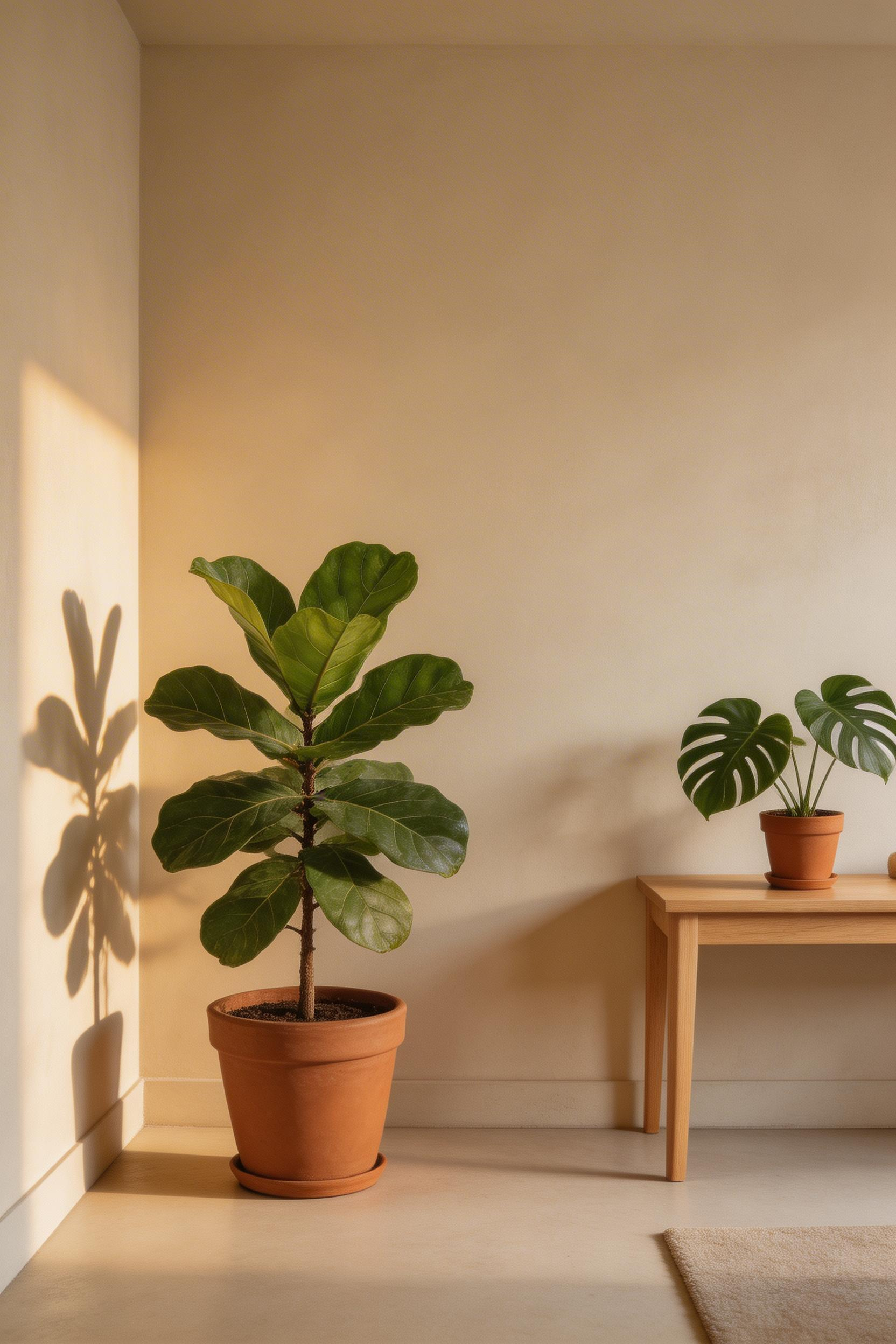 A fiddle leaf fig against a beige wall creates the biophilic contrast that makes a neutral living room decoration feel alive and grounded rather than empty.