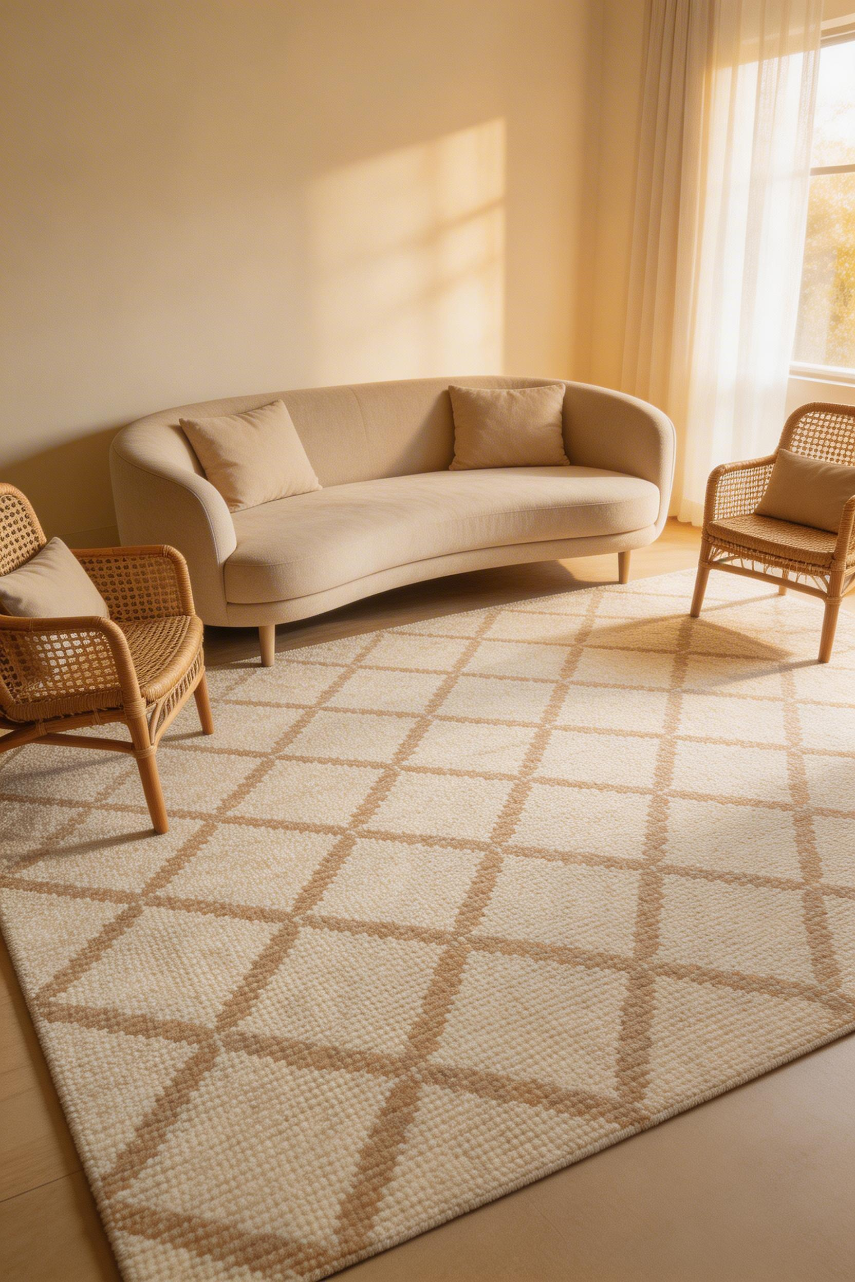 A large tonal rug in two shades within the beige family creates visual interest and defines the seating area without disrupting the calm of a neutral living room decoration scheme.