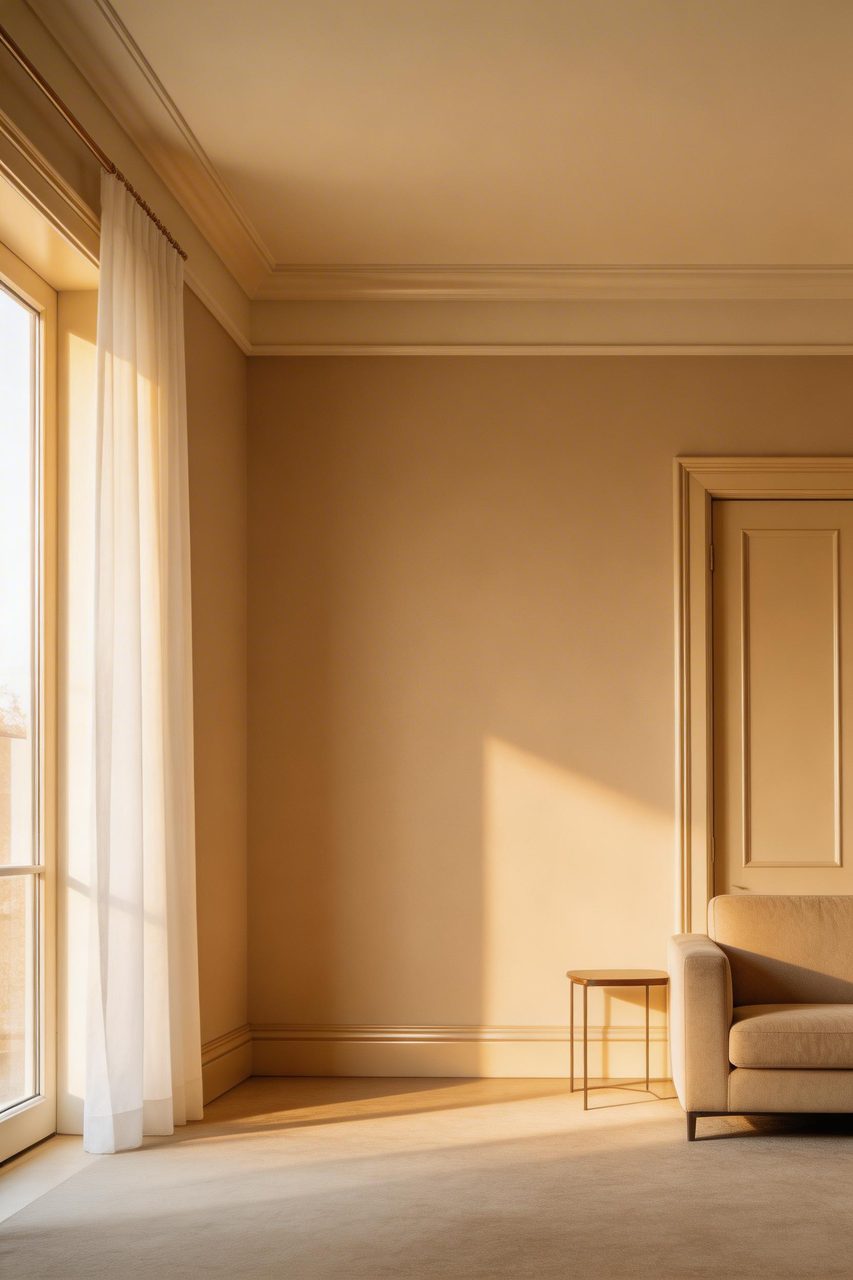 Using the same beige in three different finishes across walls, trim, and ceiling creates shadow and depth in a living room without introducing a second colour.