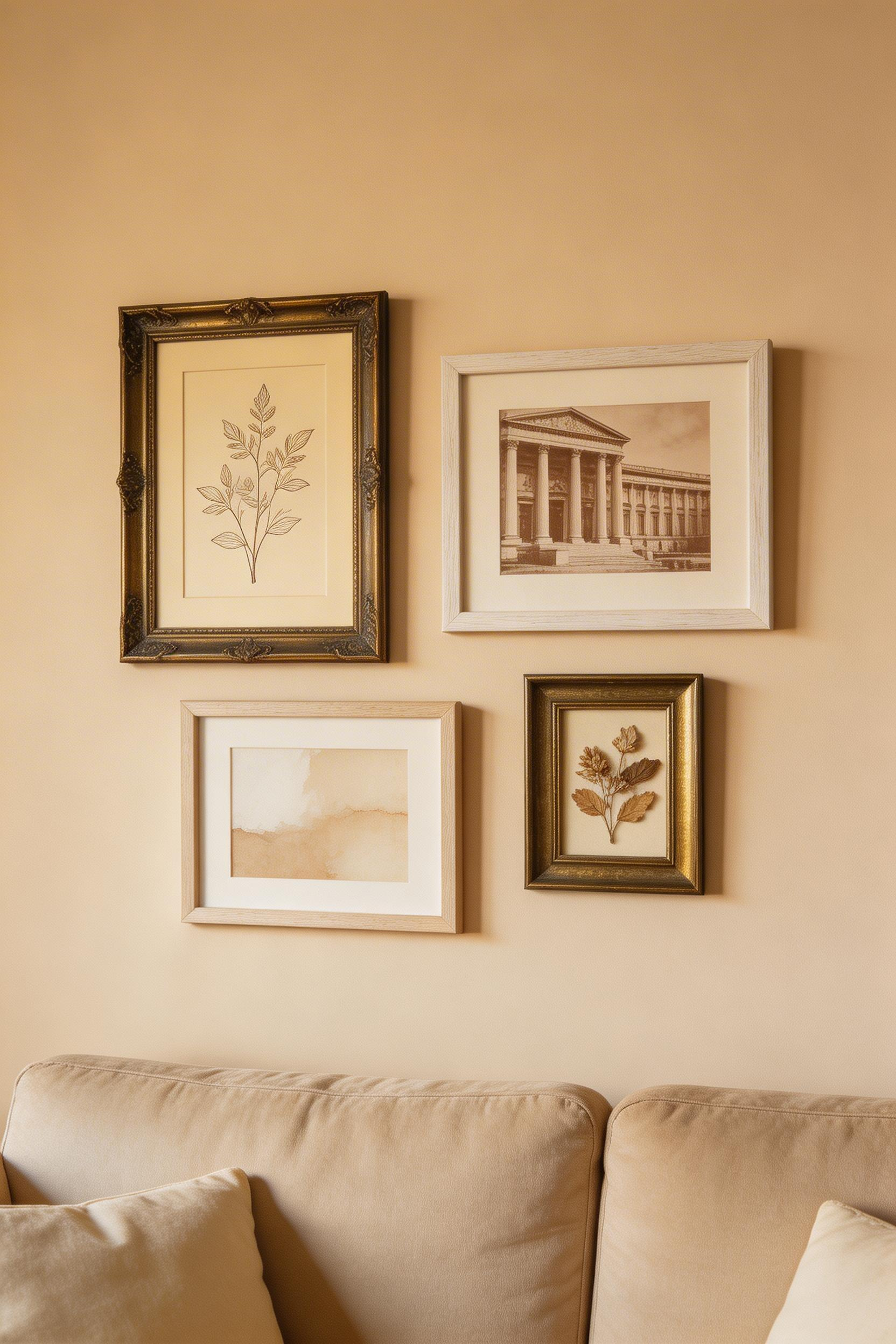 A tonal gallery wall composed of sepia photographs, botanical prints, and neutral-toned artwork creates a living room focal point through variation within the beige palette rather than colour contrast.