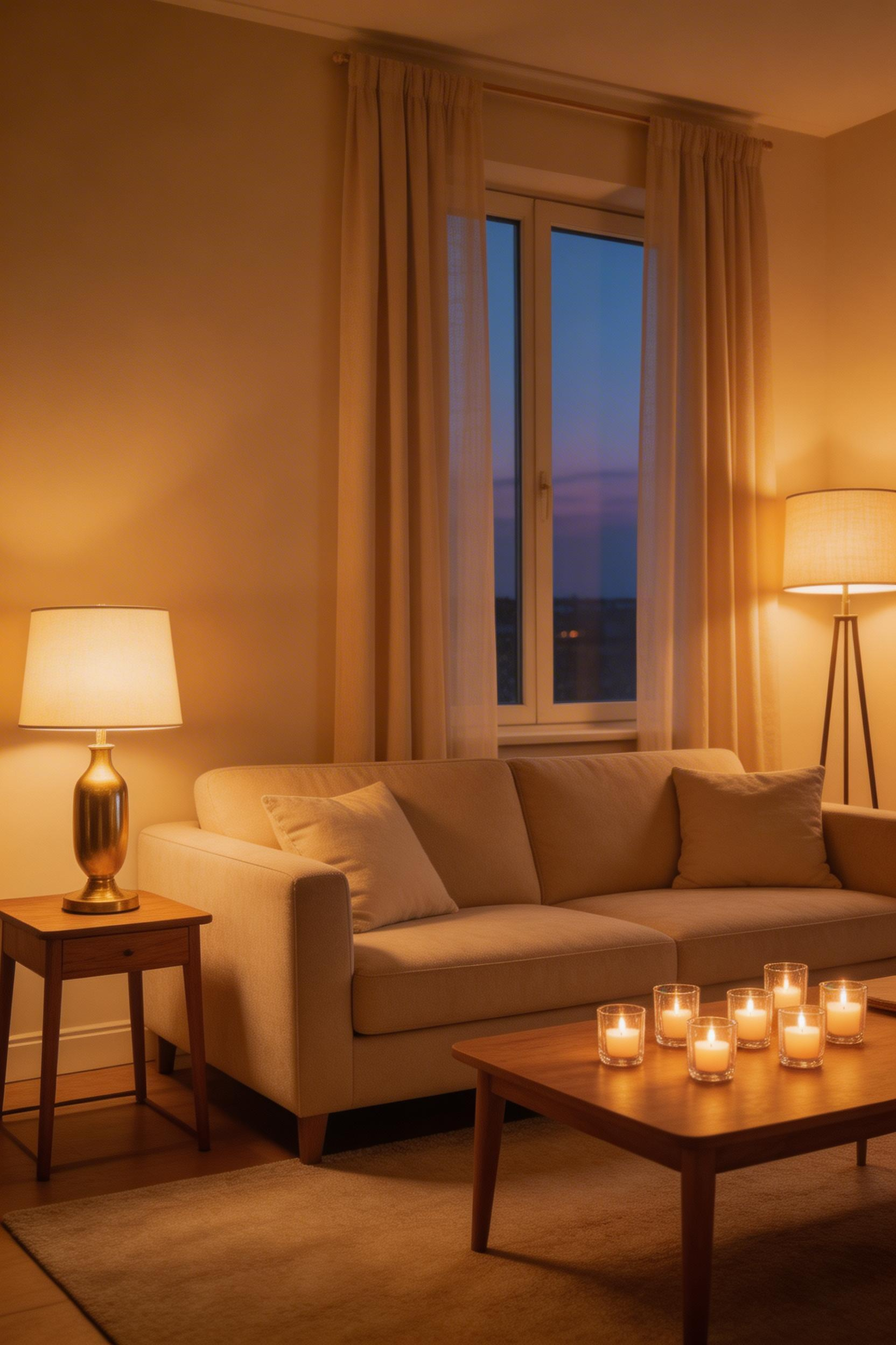 Layered warm-bulb lighting at 2700K transforms a beige living room decoration by making the neutral palette read as golden and inviting rather than flat and grey.